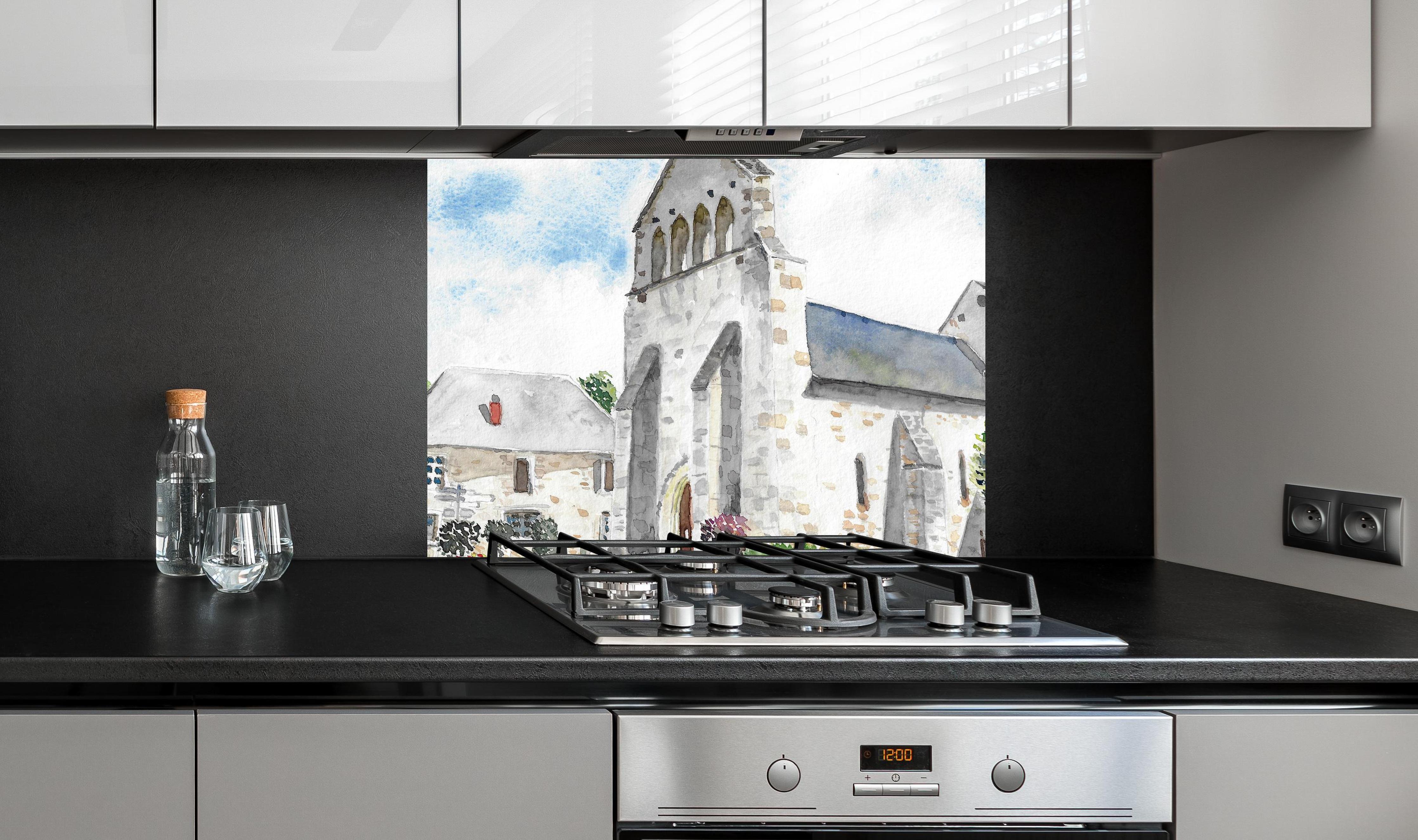 Spritzschutz - Idyllisches französisches Dorf an edler Anthrazit-Wand hinter silbernem Gasherd