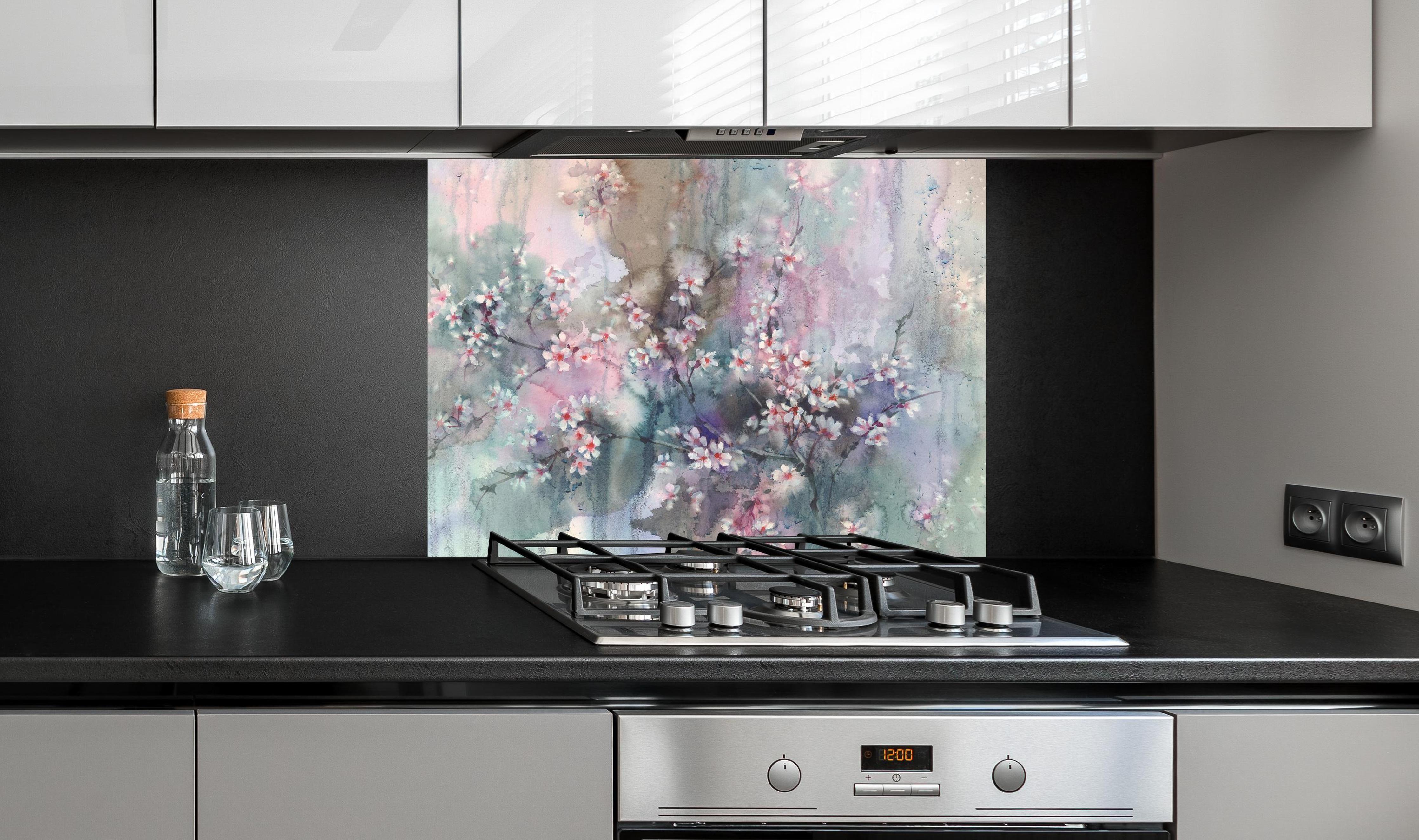 Spritzschutz - Japanische Kirchblüten mit Aquarell Muster an edler Anthrazit-Wand hinter silbernem Gasherd