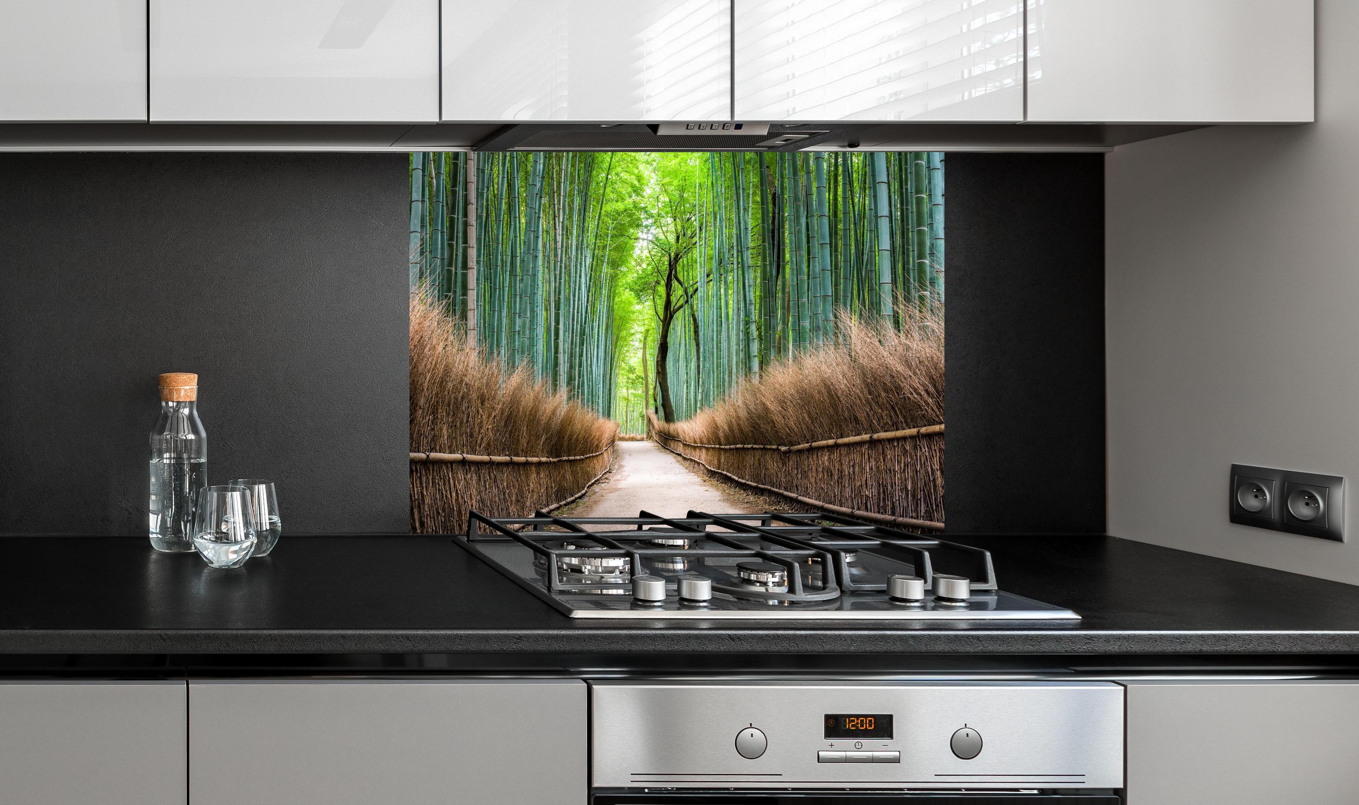Spritzschutz - Japanischer Bambuswald in Arashiyama an edler Anthrazit-Wand hinter silbernem Gasherd