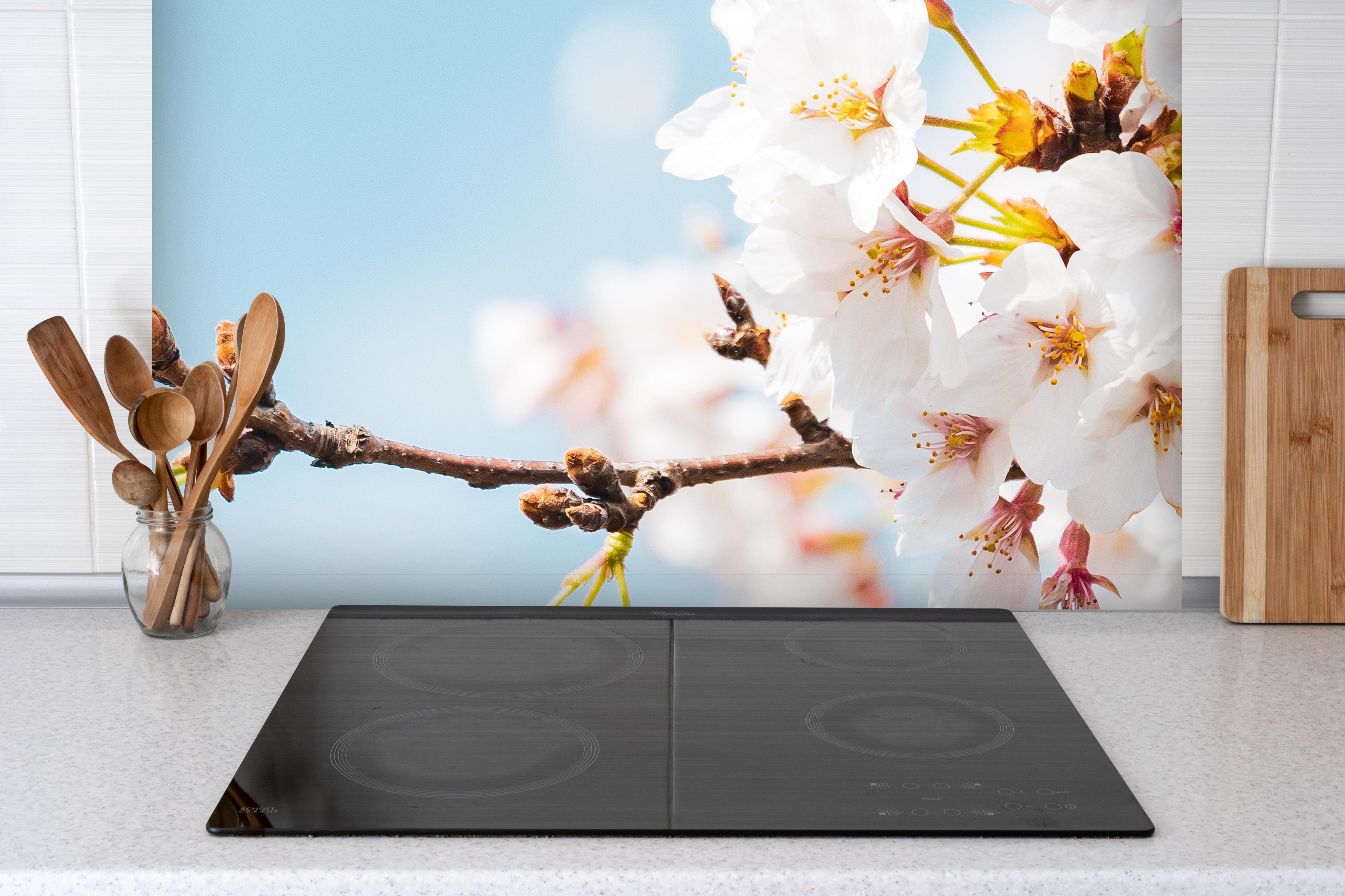 Spritzschutz - Kirschblüten in voller Blüte hinter einem Cerankochfeld zwischen Holz-Kochutensilien