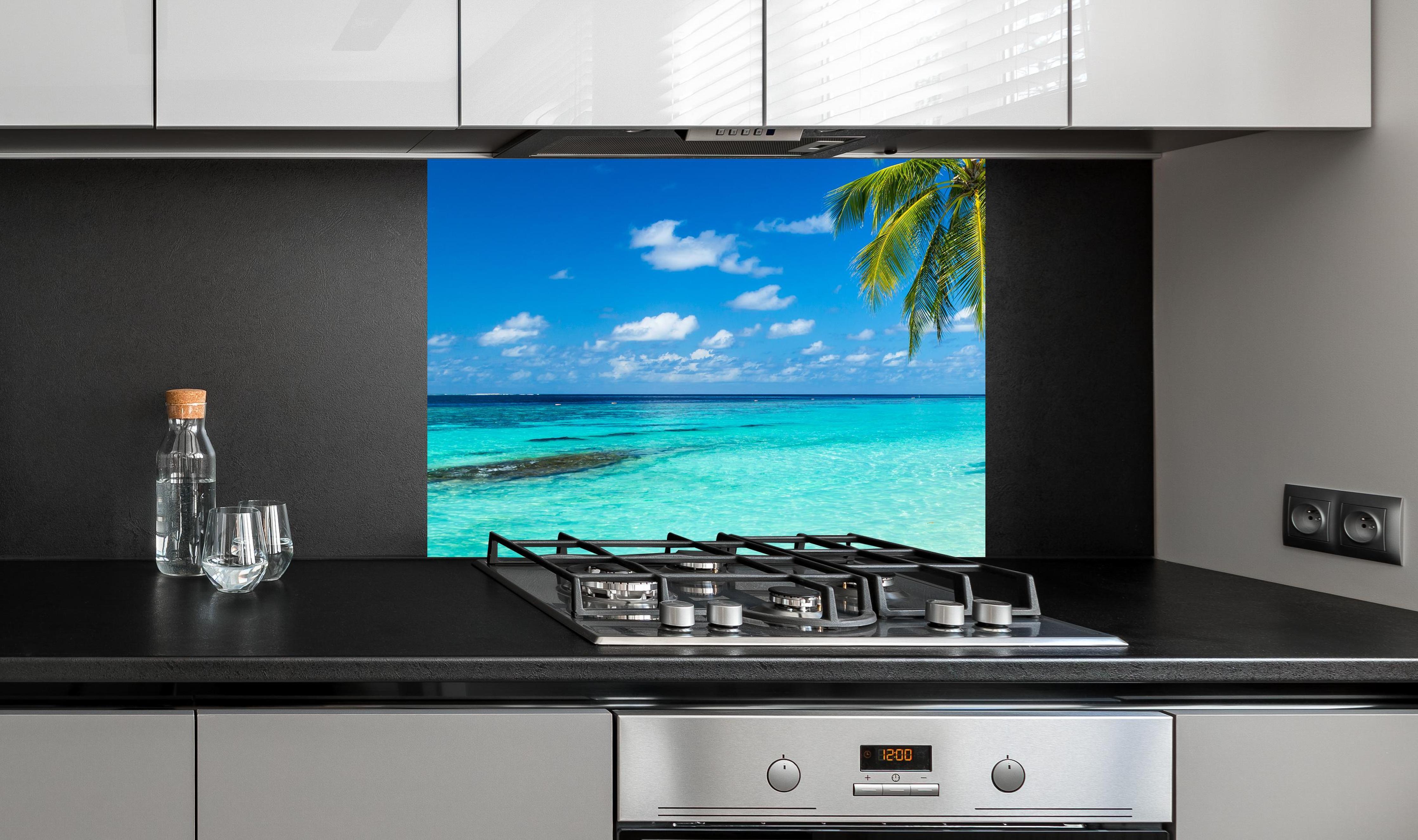 Spritzschutz - Kokospalmen am Strand in der Karibik an edler Anthrazit-Wand hinter silbernem Gasherd