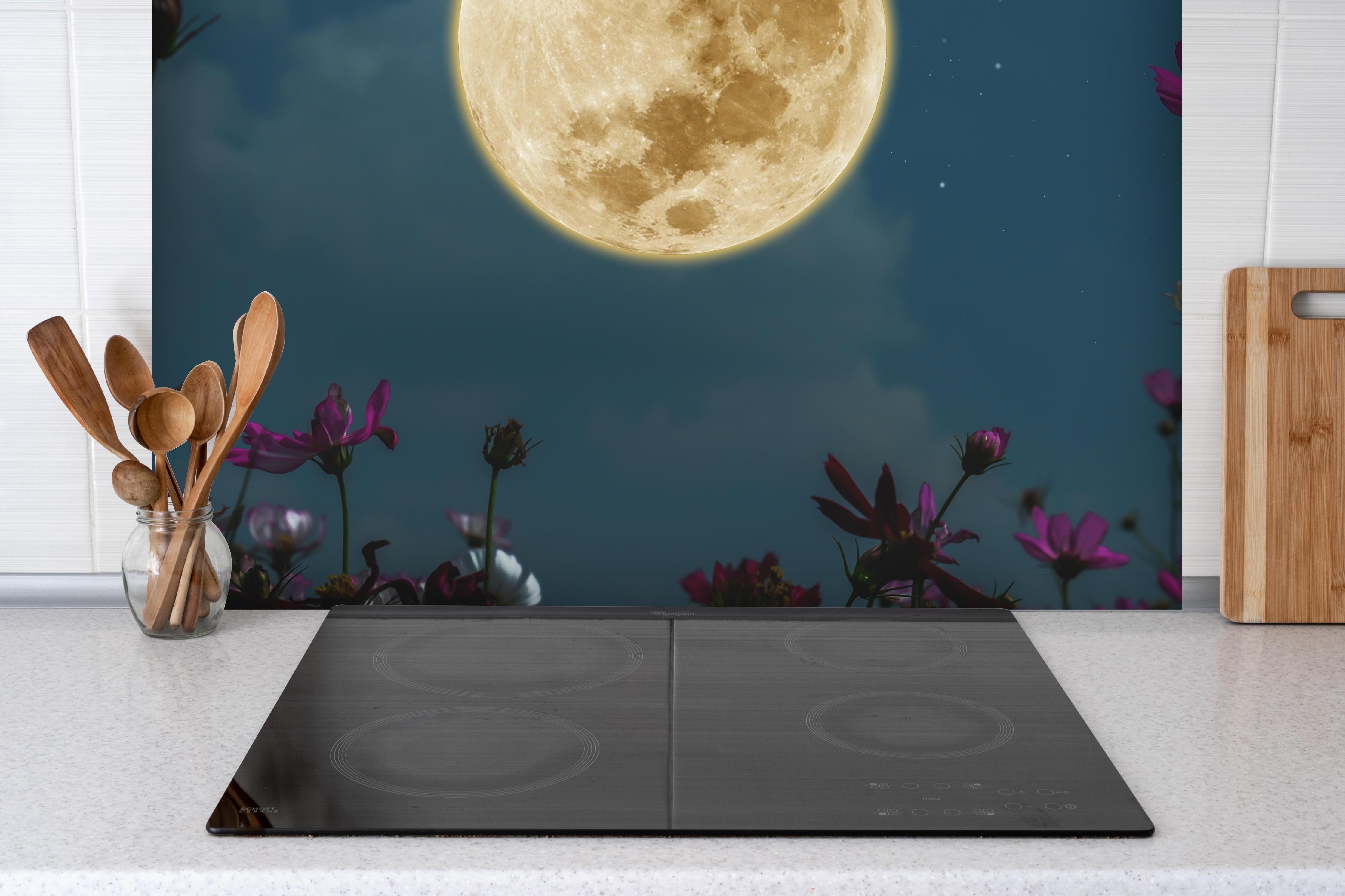 Spritzschutz - Kosmosblüten bei Vollmond hinter einem Cerankochfeld zwischen Holz-Kochutensilien