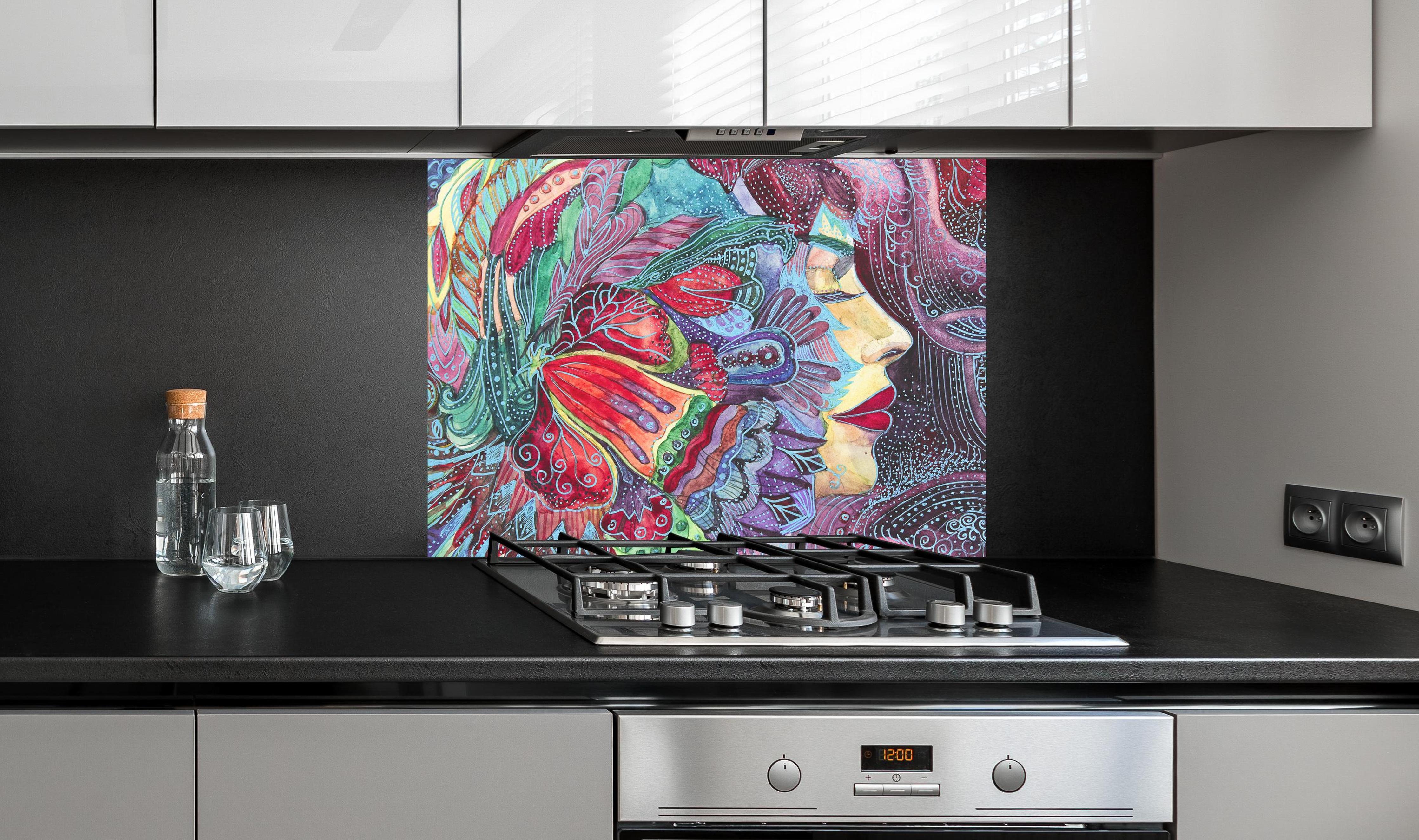 Spritzschutz - Kreatives Aquarell einer Frau an edler Anthrazit-Wand hinter silbernem Gasherd