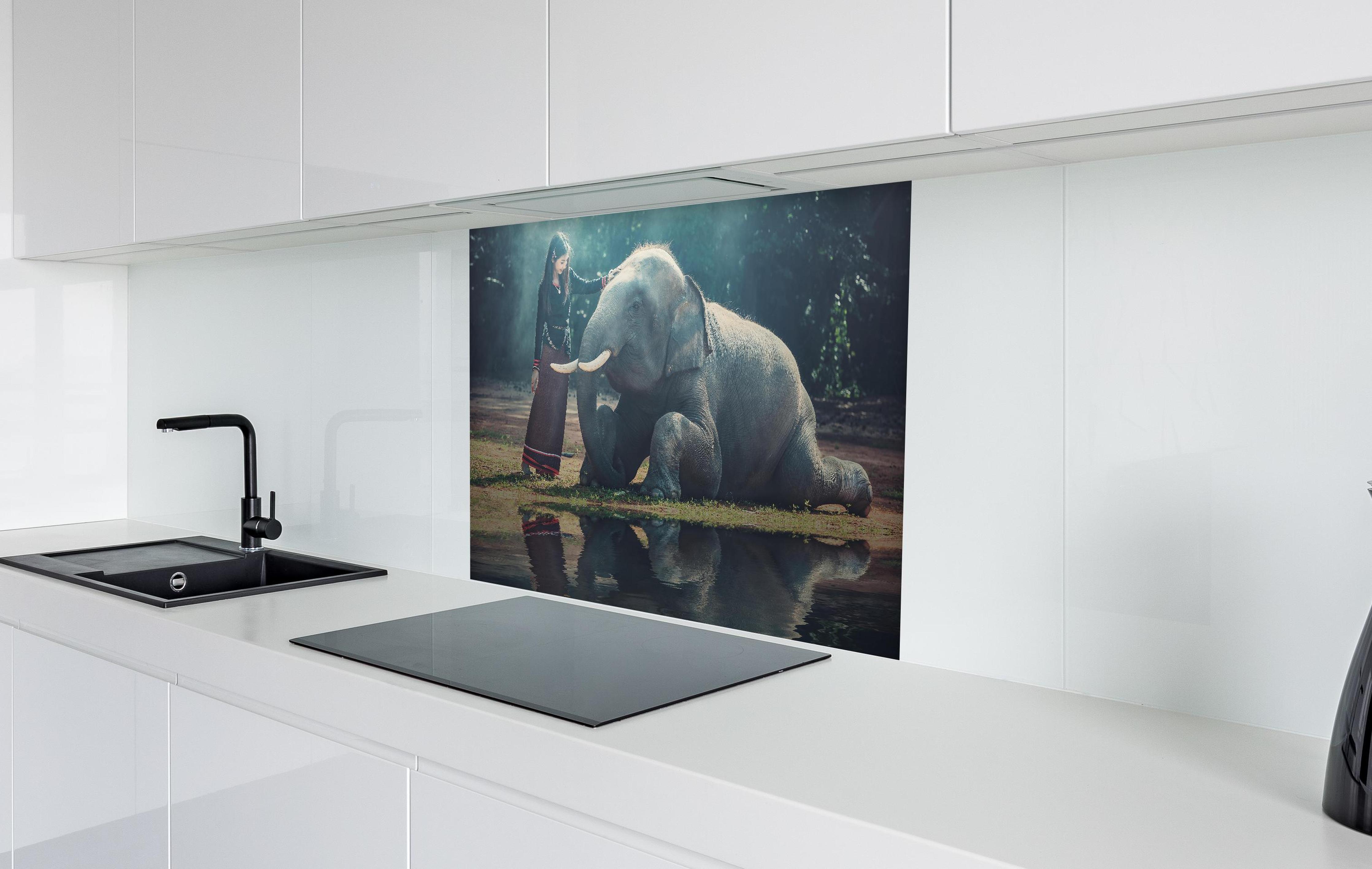 Spritzschutz - Mädchen mit lächelndem Elefanten in Asien in weißer Hochglanz-Küche hinter einem Cerankochfeld