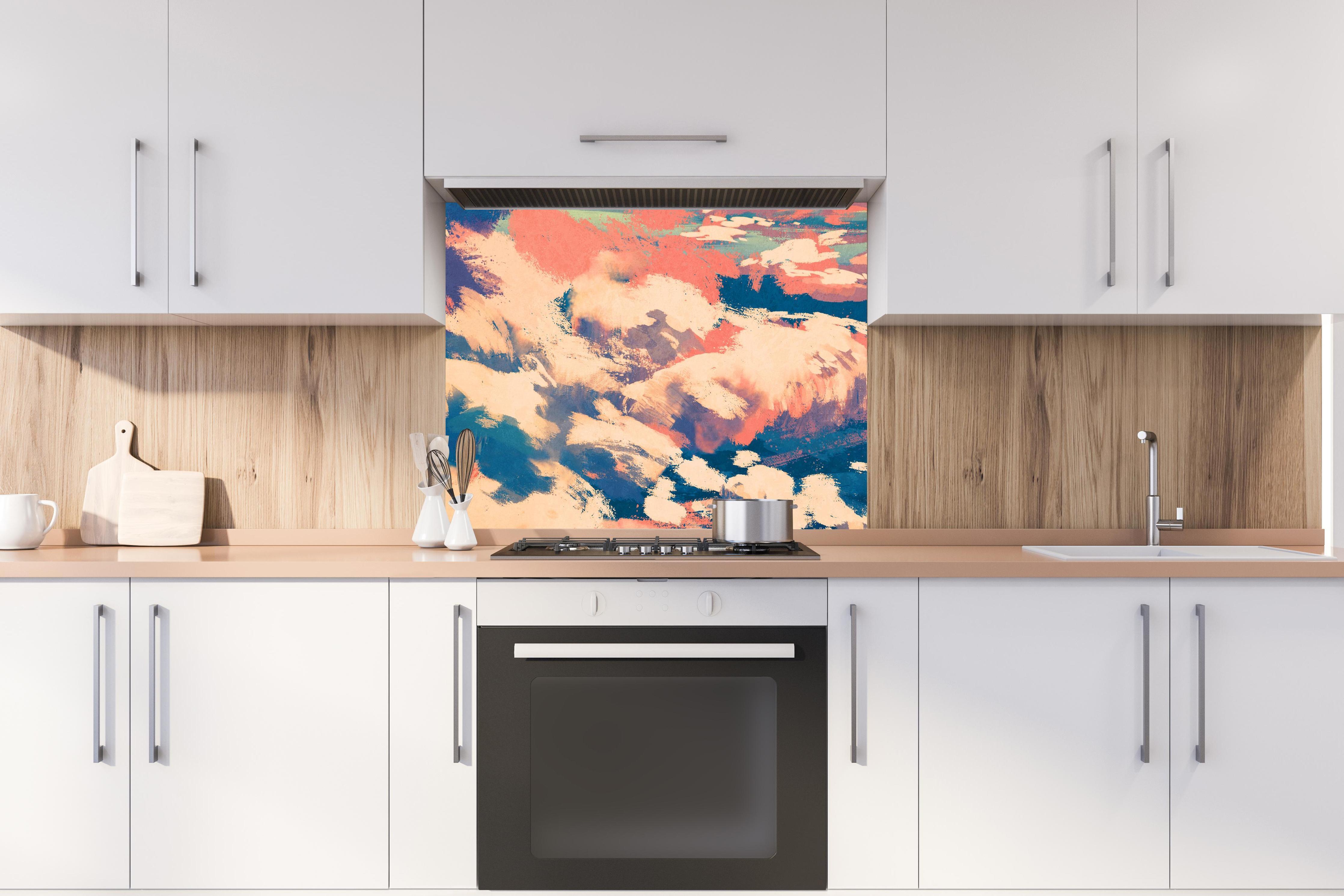 Spritzschutz - Mann fliegt mit bunten Luftballons über Wolken hinter stilvollem Gasherd unter Dunstabzugshaube