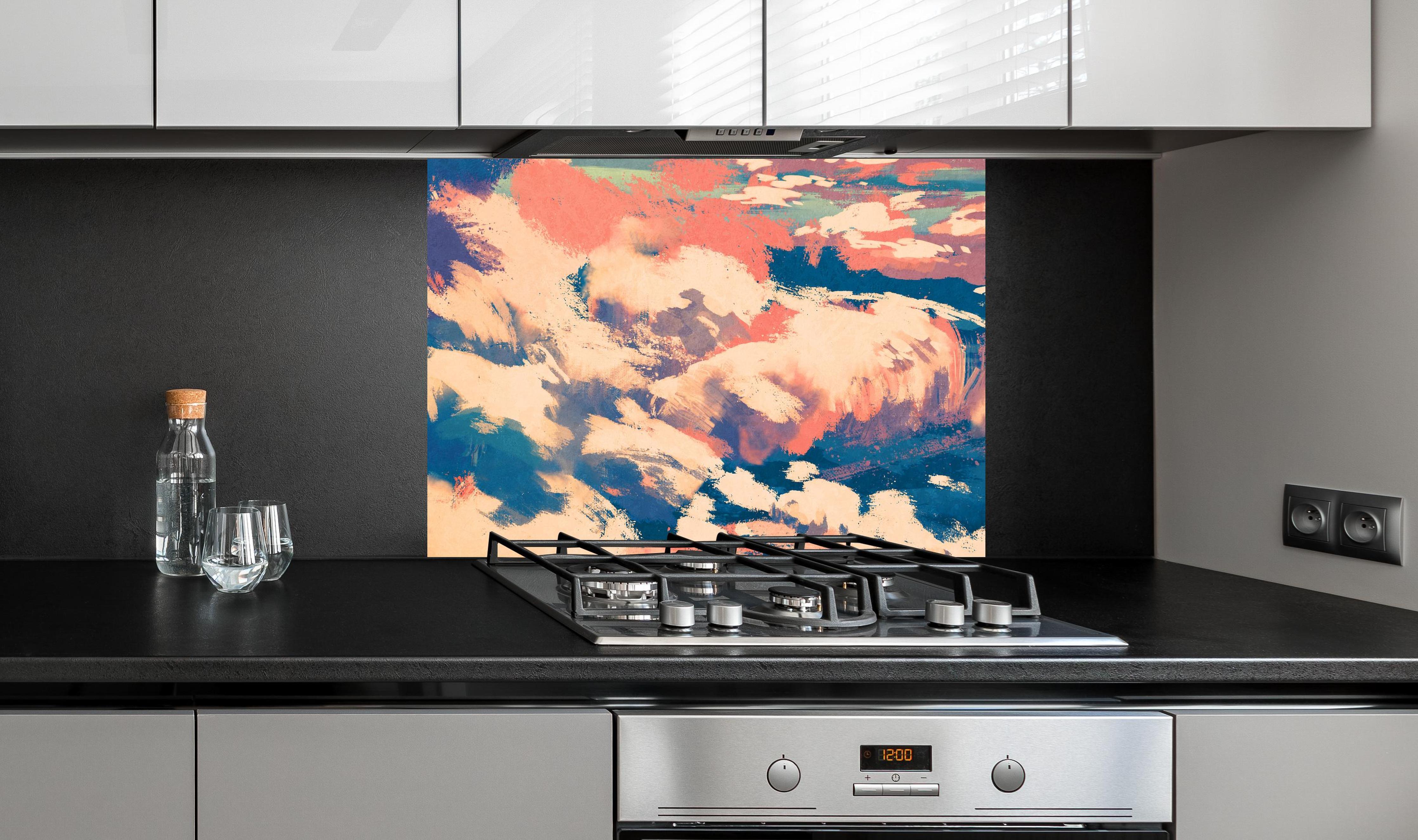 Spritzschutz - Mann fliegt mit bunten Luftballons über Wolken an edler Anthrazit-Wand hinter silbernem Gasherd