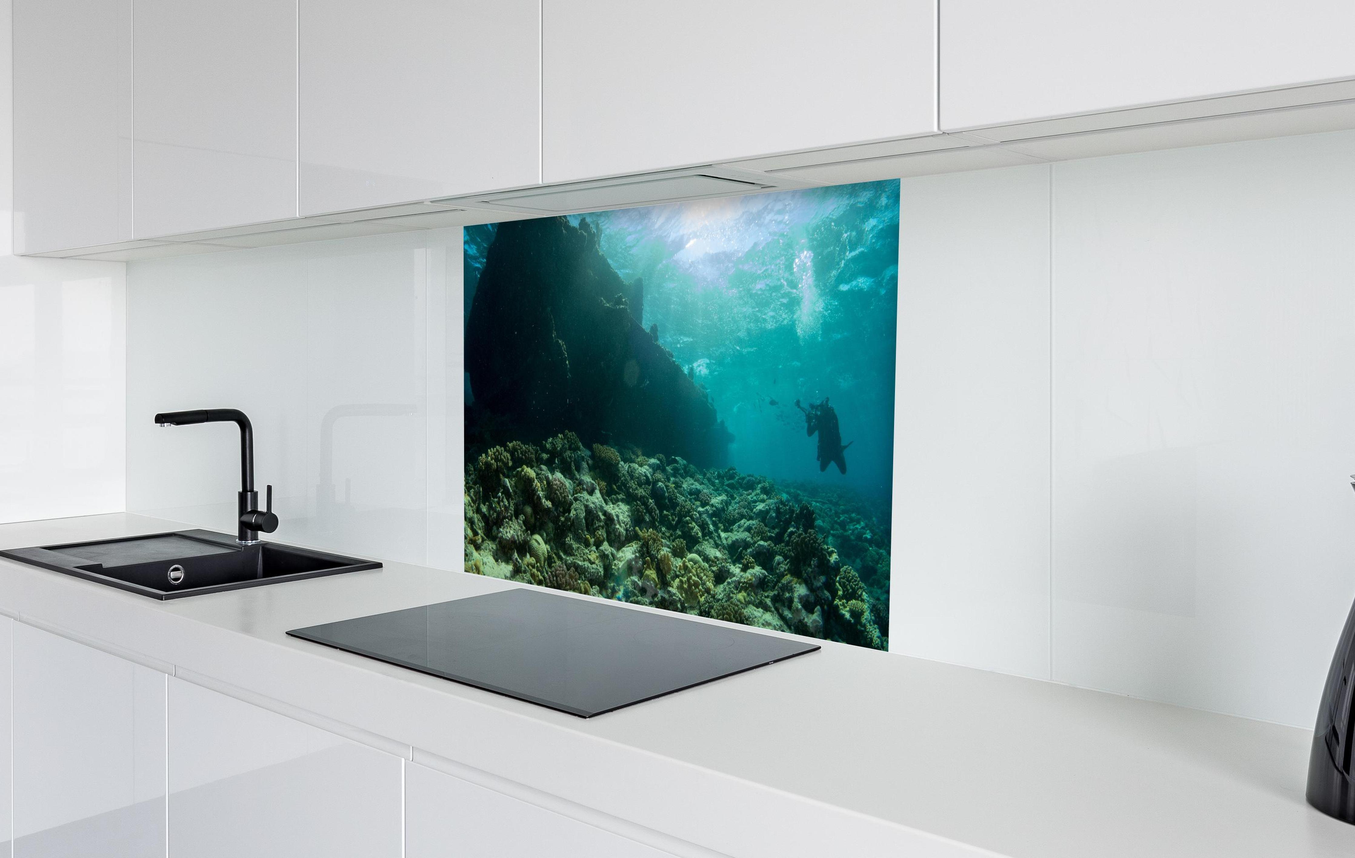 Spritzschutz - Meeresboden mit Unterwasserleben in weißer Hochglanz-Küche hinter einem Cerankochfeld