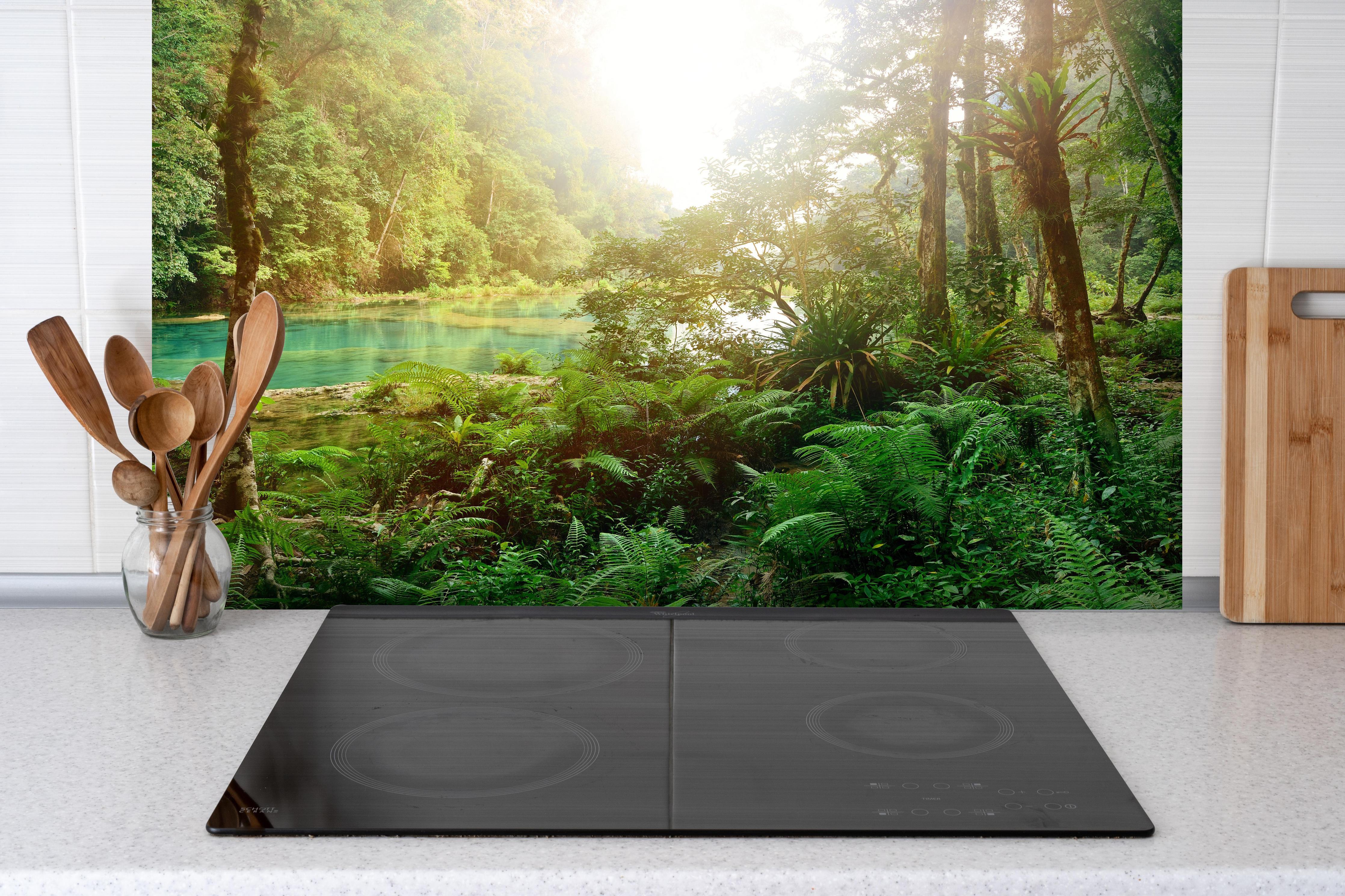 Spritzschutz - Mysteriöser Maya-Dschungel hinter einem Cerankochfeld zwischen Holz-Kochutensilien