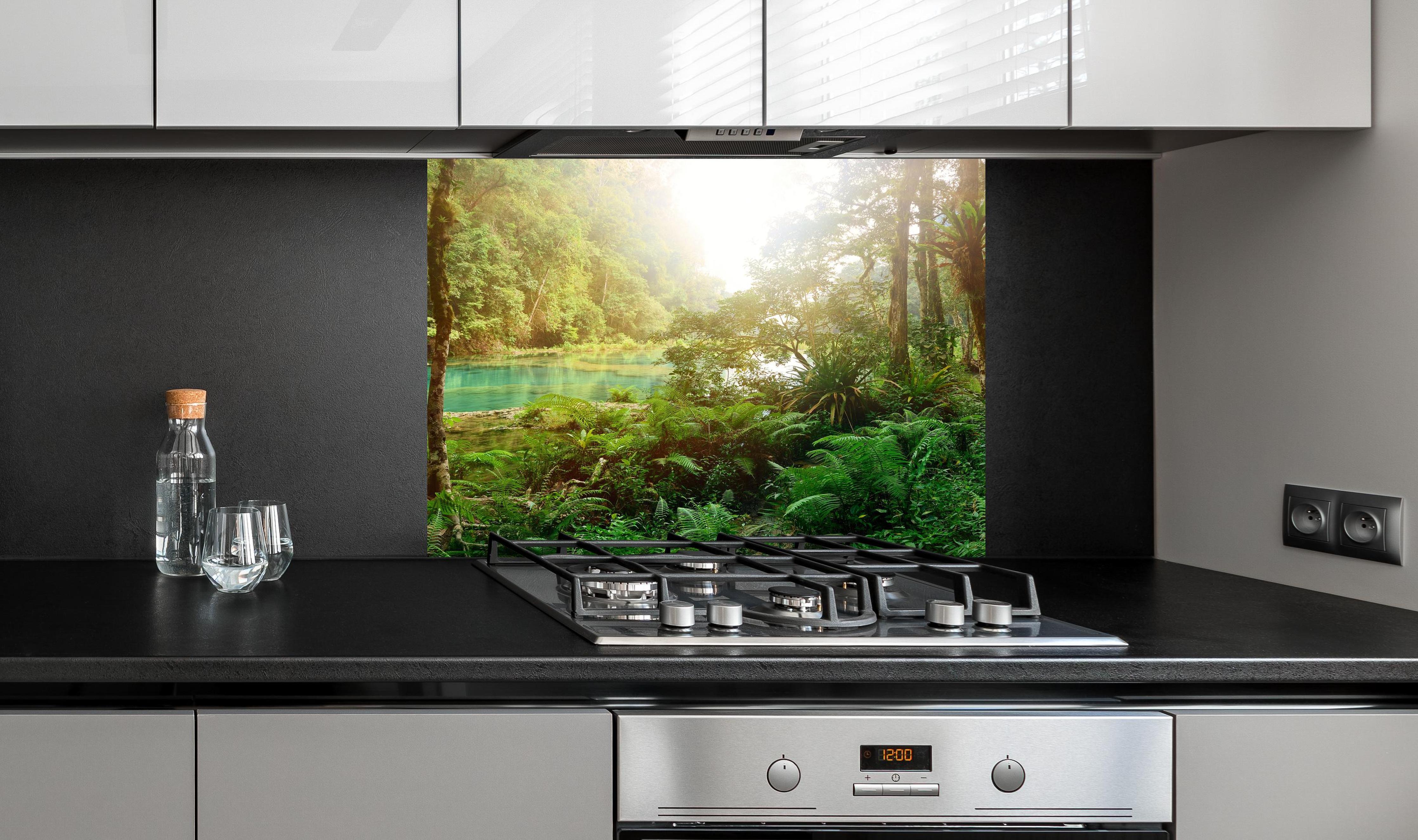 Spritzschutz - Mysteriöser Maya-Dschungel an edler Anthrazit-Wand hinter silbernem Gasherd