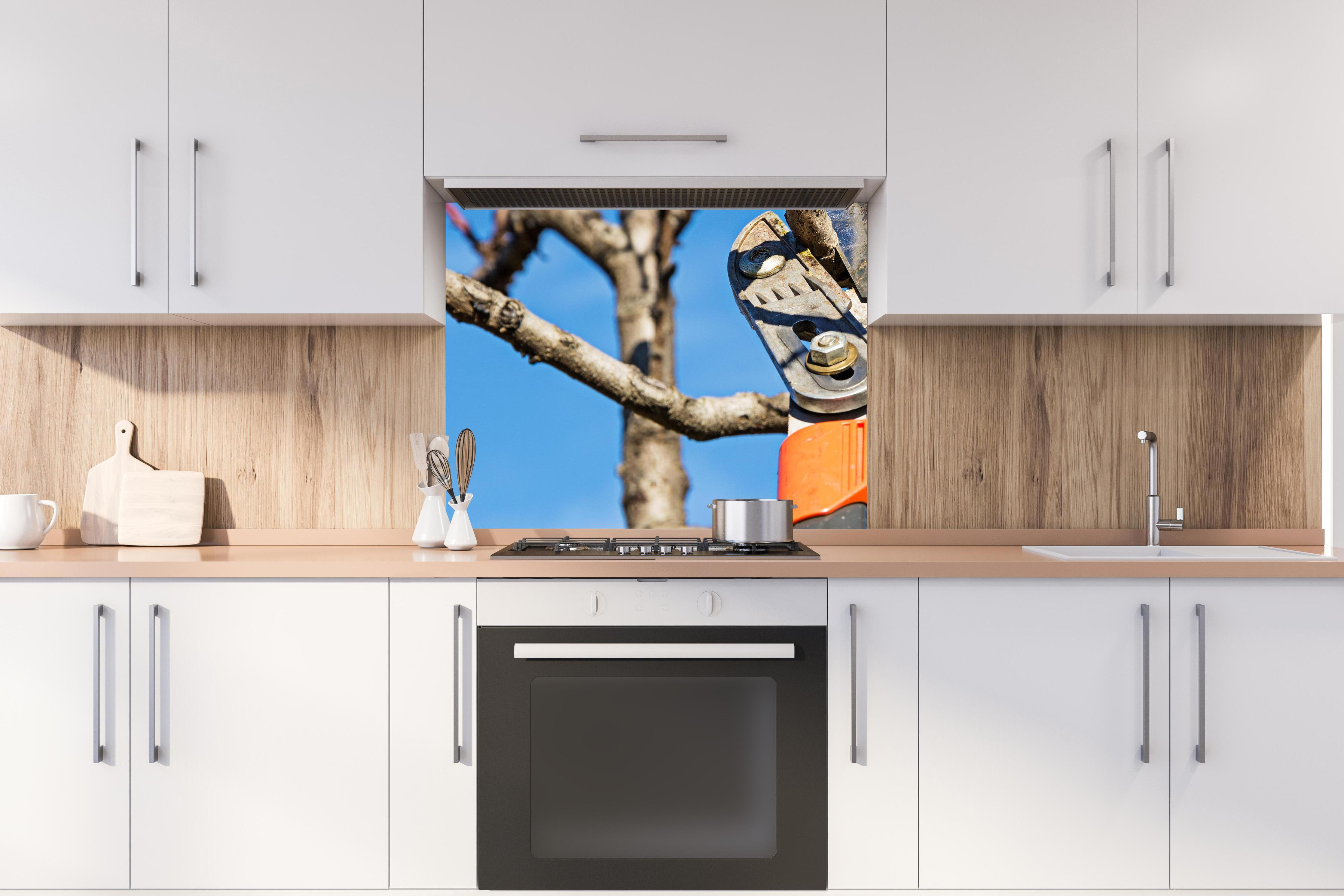 Spritzschutz - Obstbaums - Gartenschere hinter stilvollem Gasherd unter Dunstabzugshaube