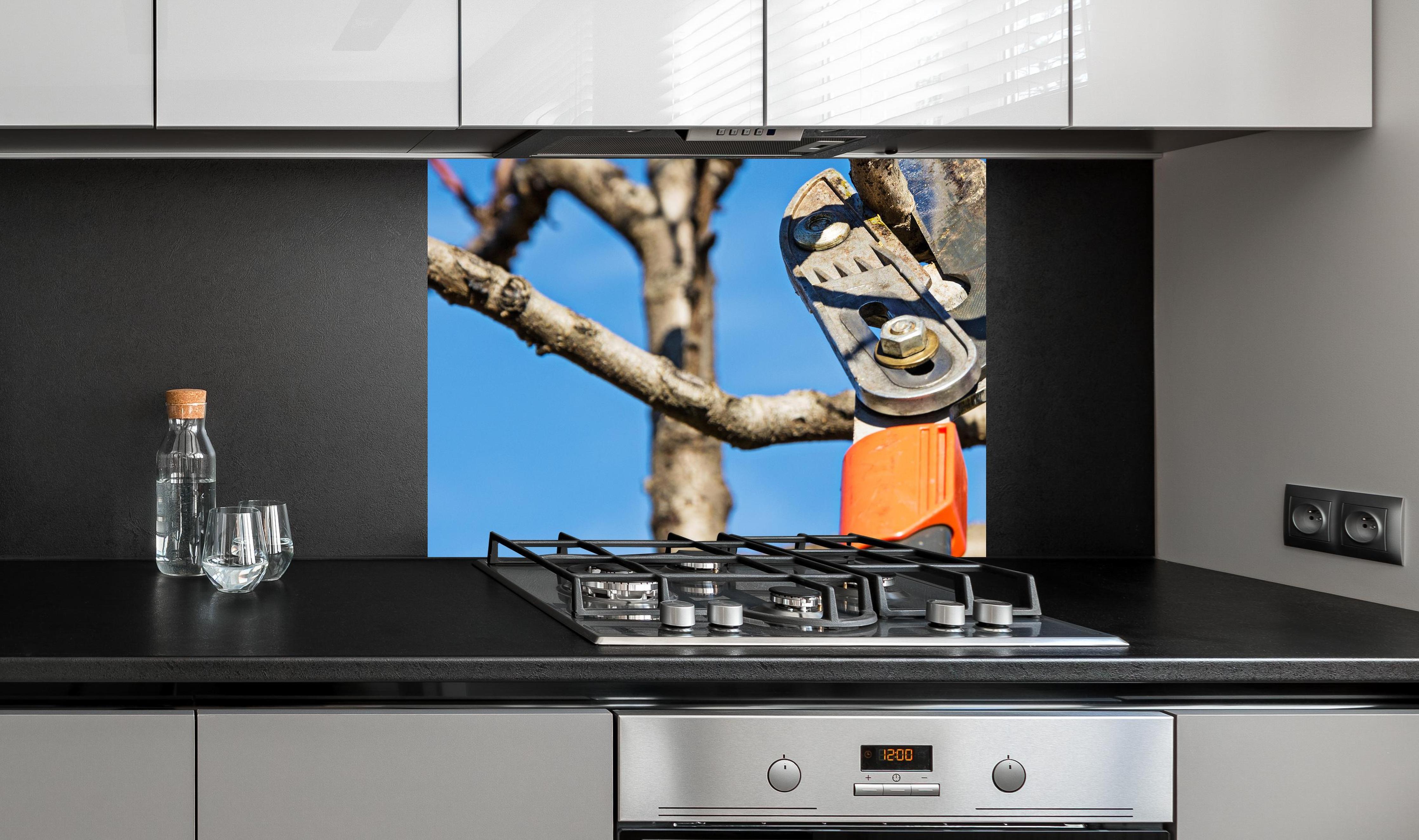 Spritzschutz - Obstbaums - Gartenschere an edler Anthrazit-Wand hinter silbernem Gasherd