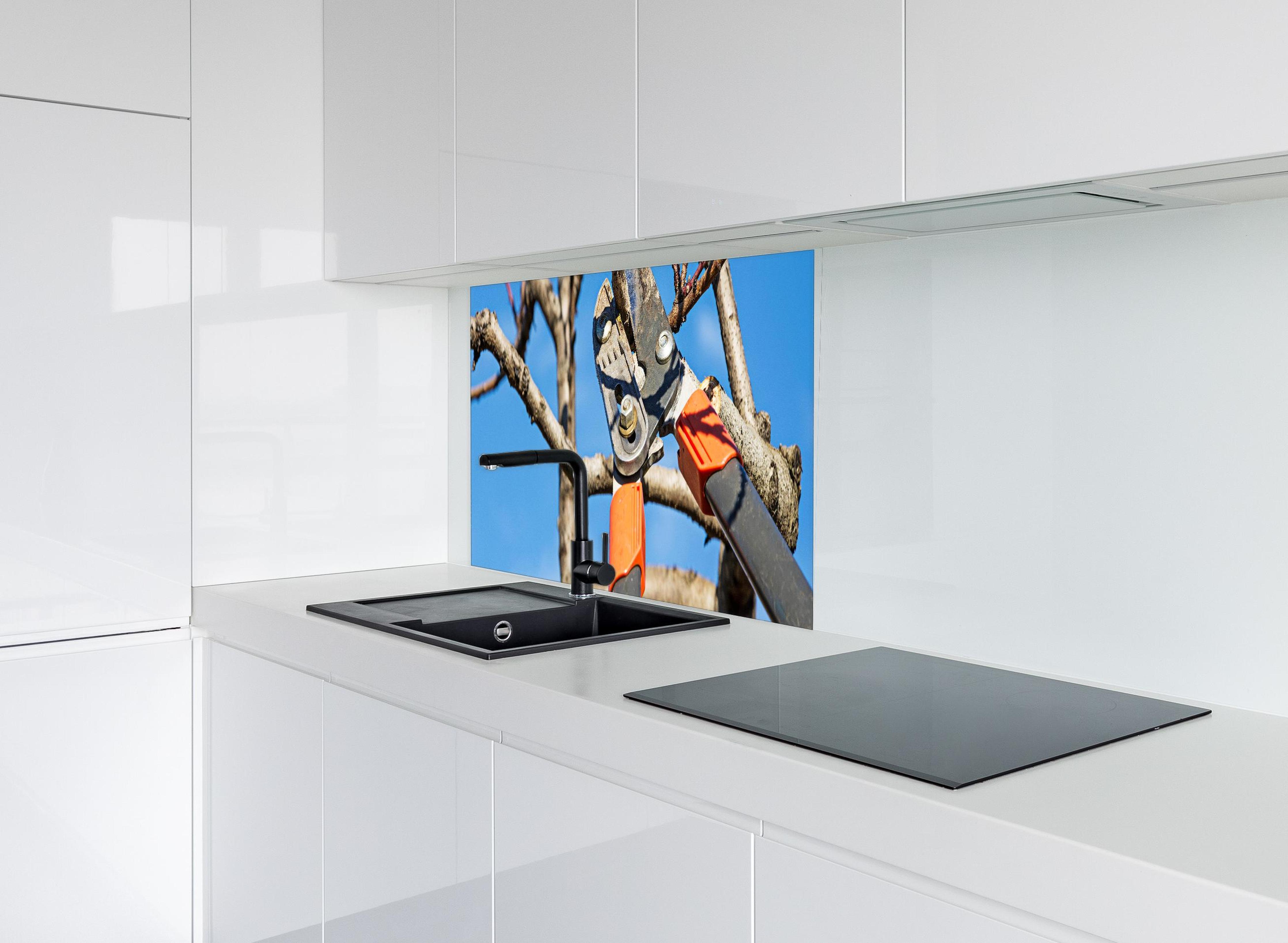 Spritzschutz - Obstbaums - Gartenschere hinter modernem schwarz-matten Spülbecken in weißer Hochglanz-Küche