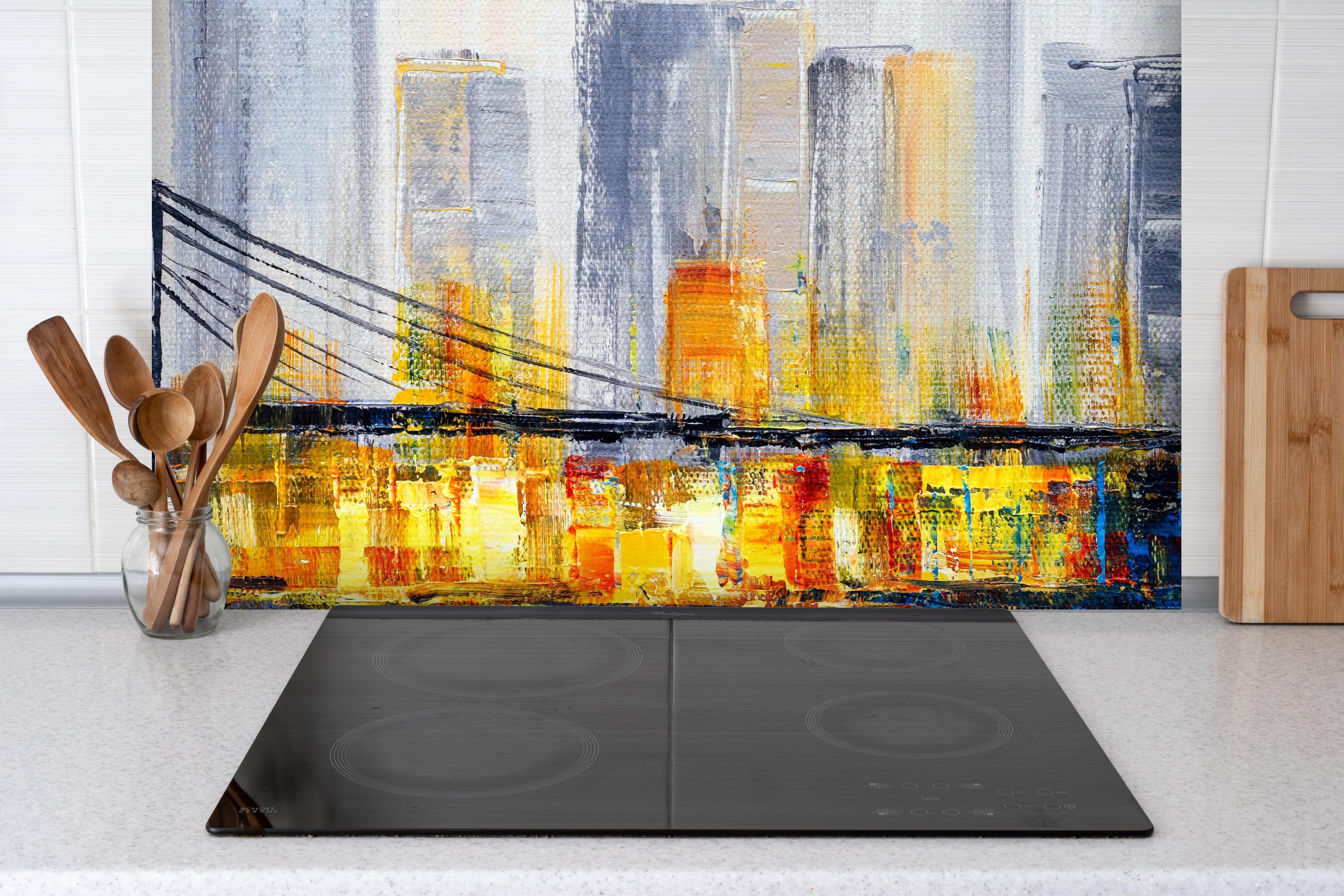 Spritzschutz - Ölgemälde - Brooklyn Bridge hinter einem Cerankochfeld zwischen Holz-Kochutensilien