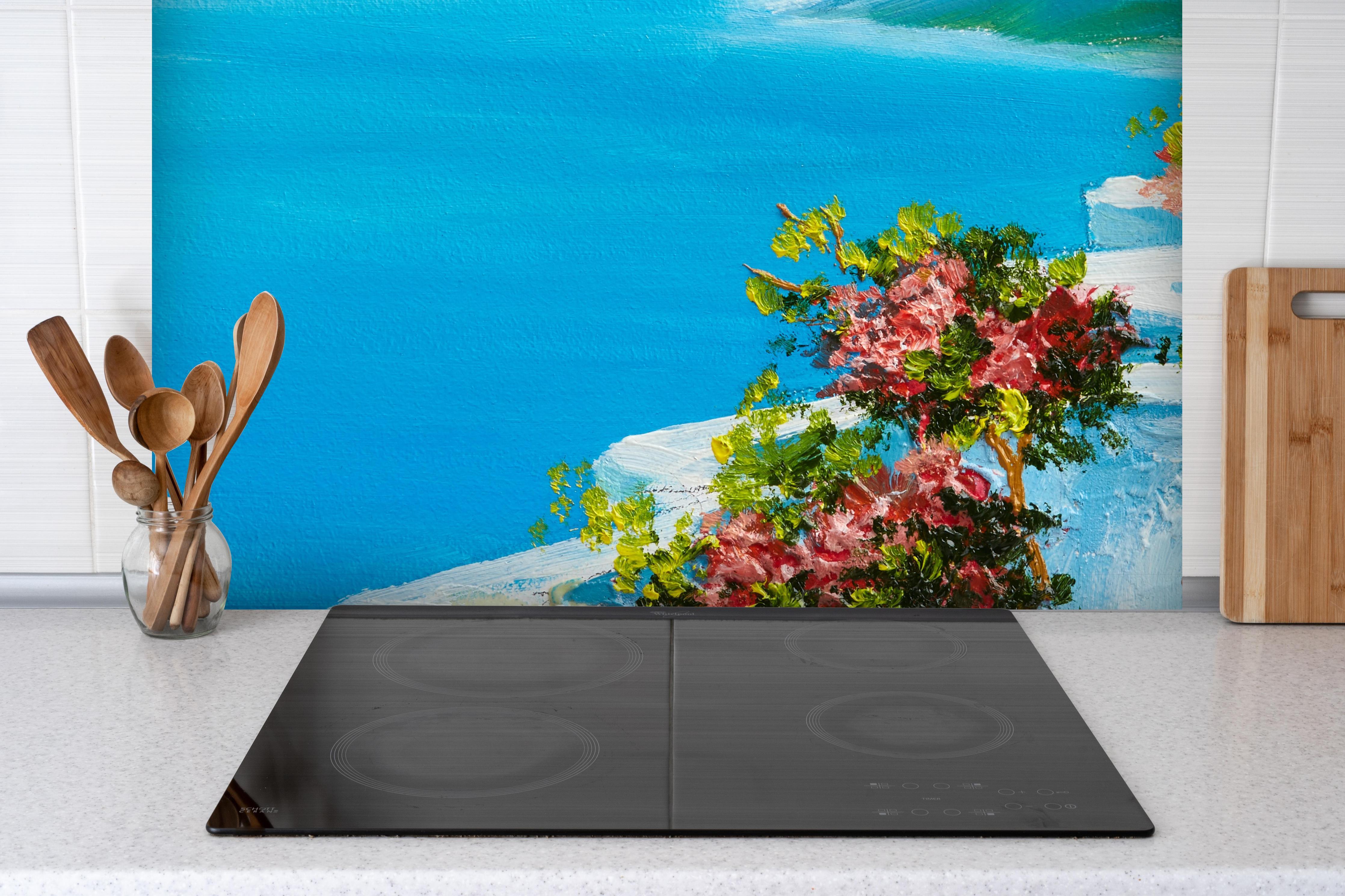 Spritzschutz - Ölgemälde - Terrasse am Meer hinter einem Cerankochfeld zwischen Holz-Kochutensilien