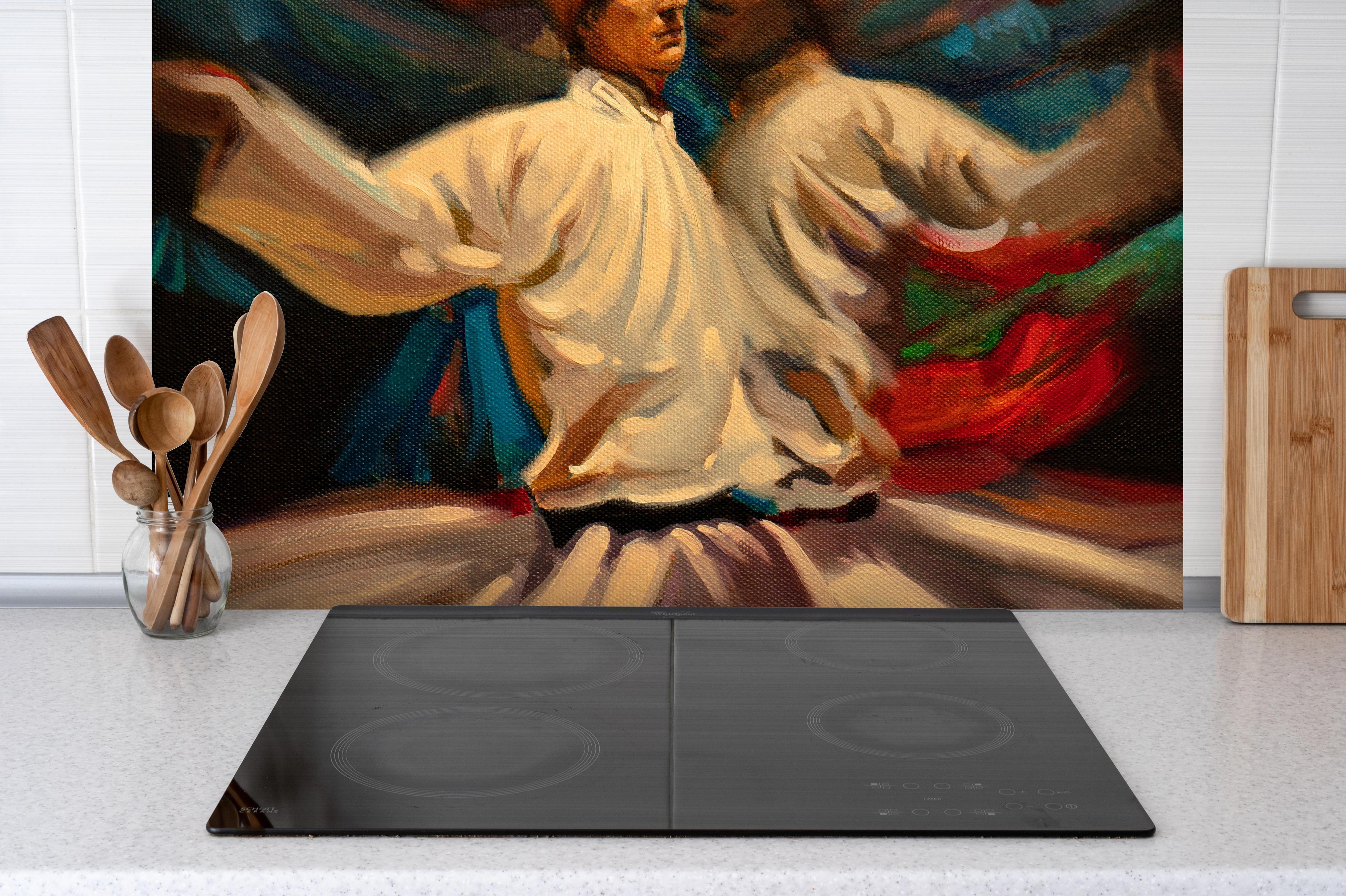 Spritzschutz - Ölgemälde - tanzender Derwisch hinter einem Cerankochfeld zwischen Holz-Kochutensilien