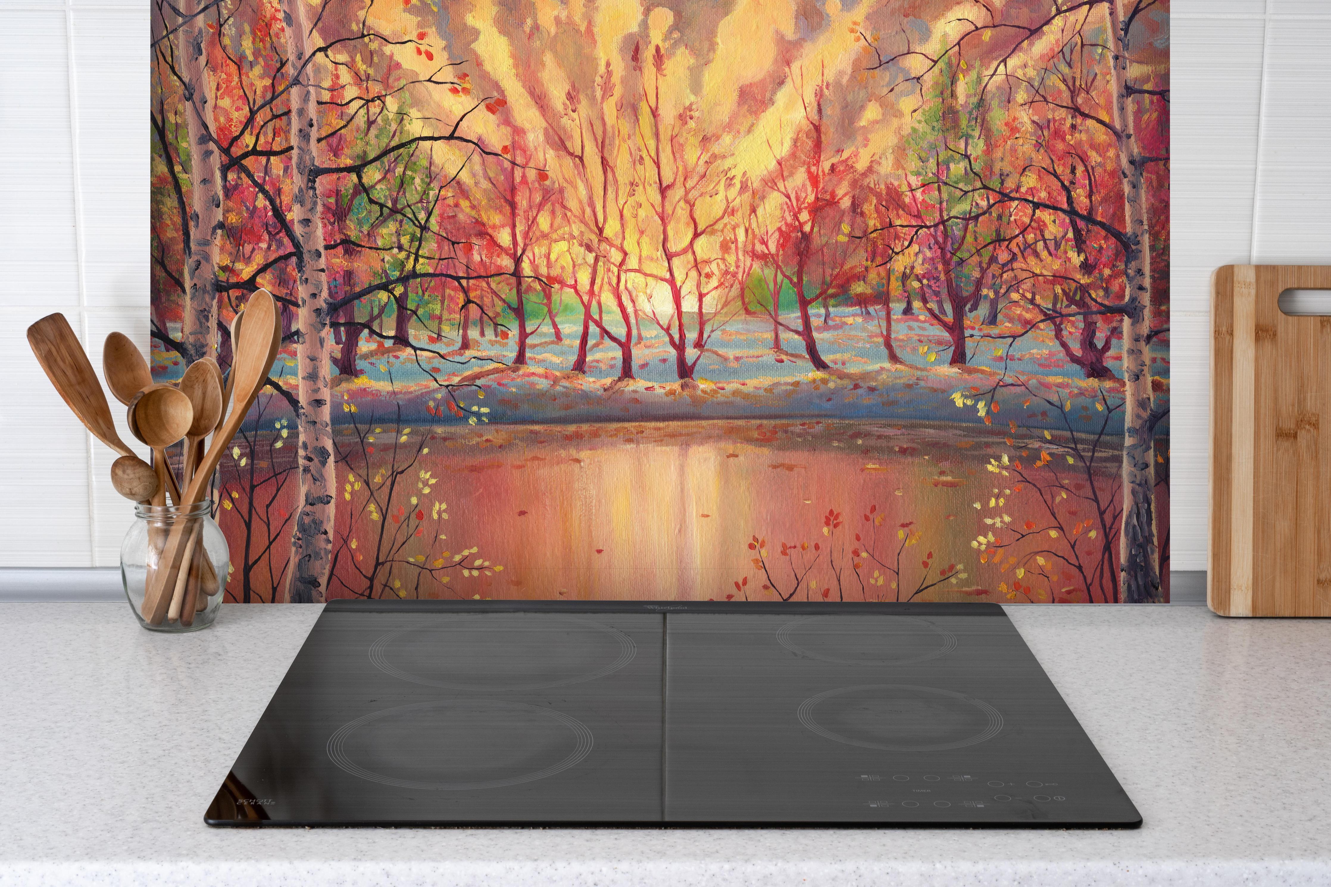 Spritzschutz - Ölgemälde Sonnenuntergang Herbstlandschaft hinter einem Cerankochfeld zwischen Holz-Kochutensilien