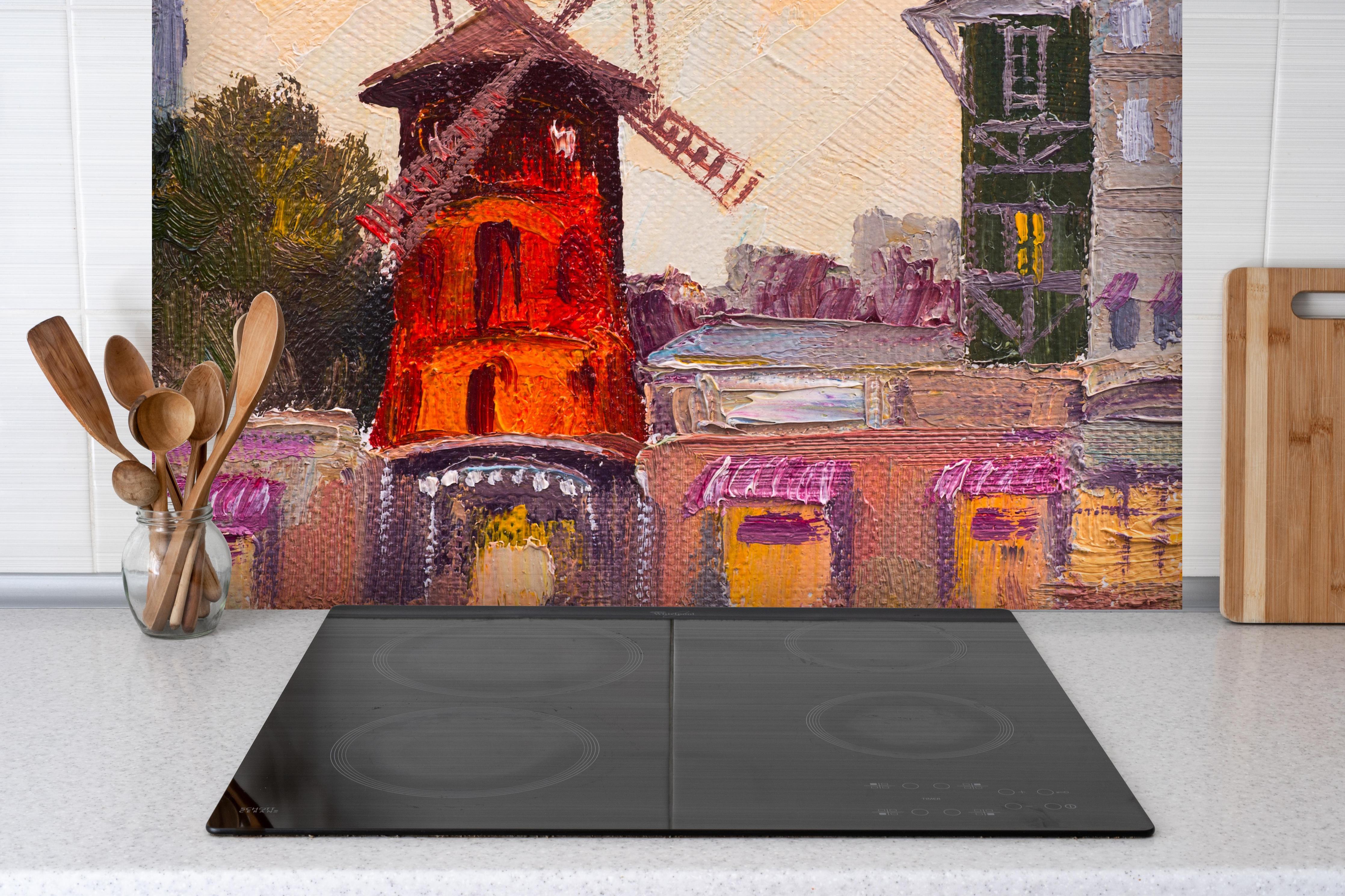 Spritzschutz - Ölgemälde Stadtbild - Moulin rouge hinter einem Cerankochfeld zwischen Holz-Kochutensilien