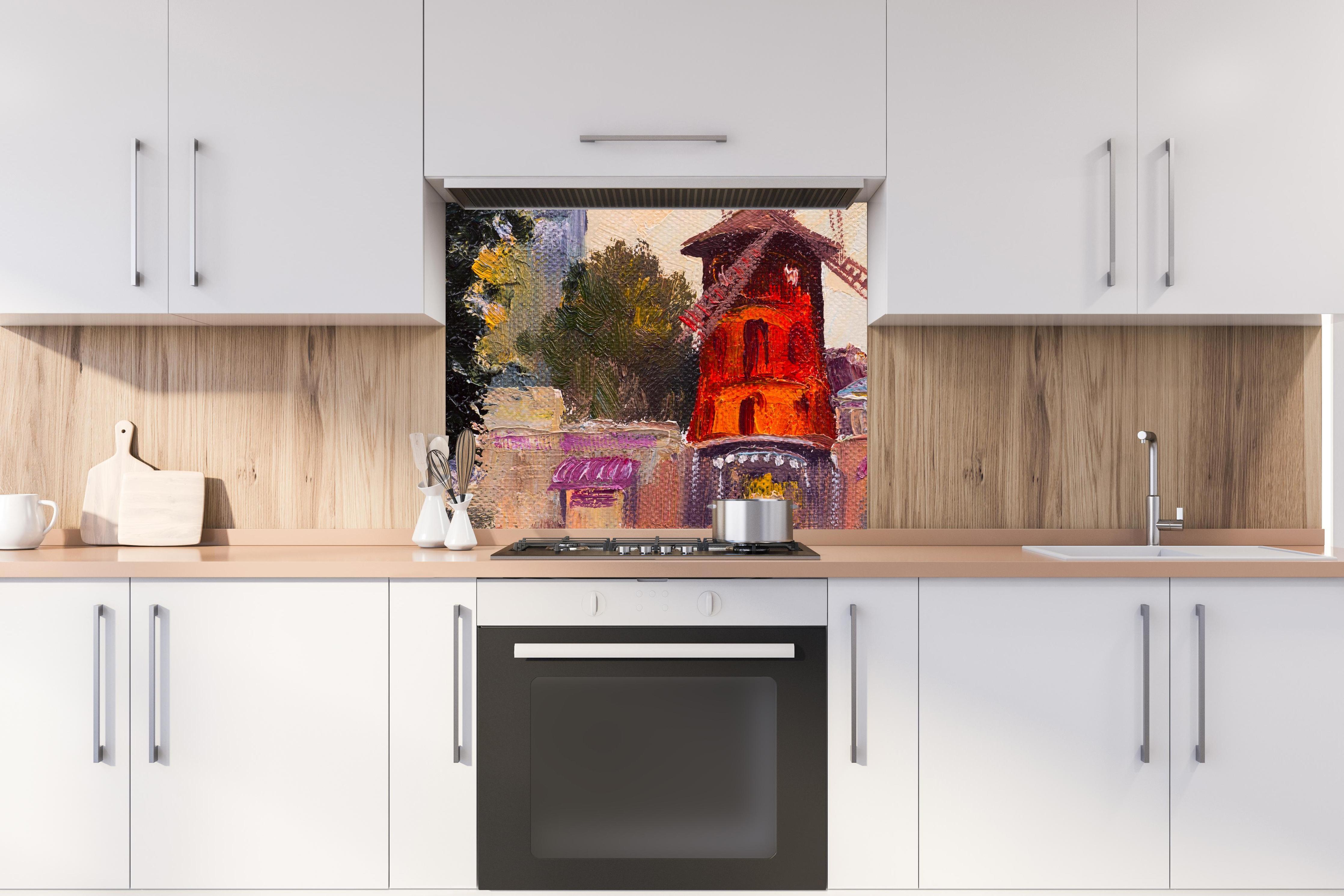 Spritzschutz - Ölgemälde Stadtbild - Moulin rouge hinter stilvollem Gasherd unter Dunstabzugshaube