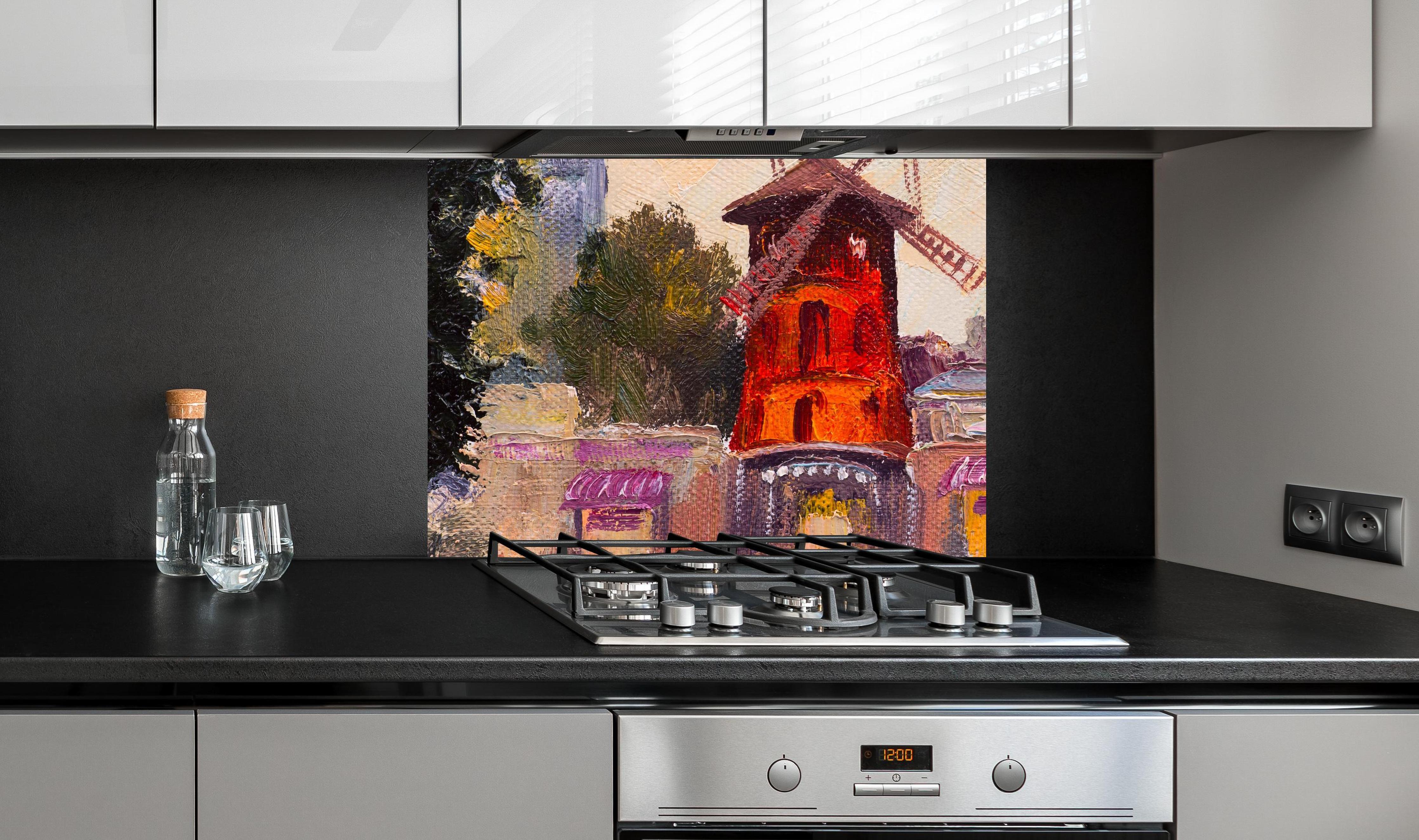 Spritzschutz - Ölgemälde Stadtbild - Moulin rouge an edler Anthrazit-Wand hinter silbernem Gasherd