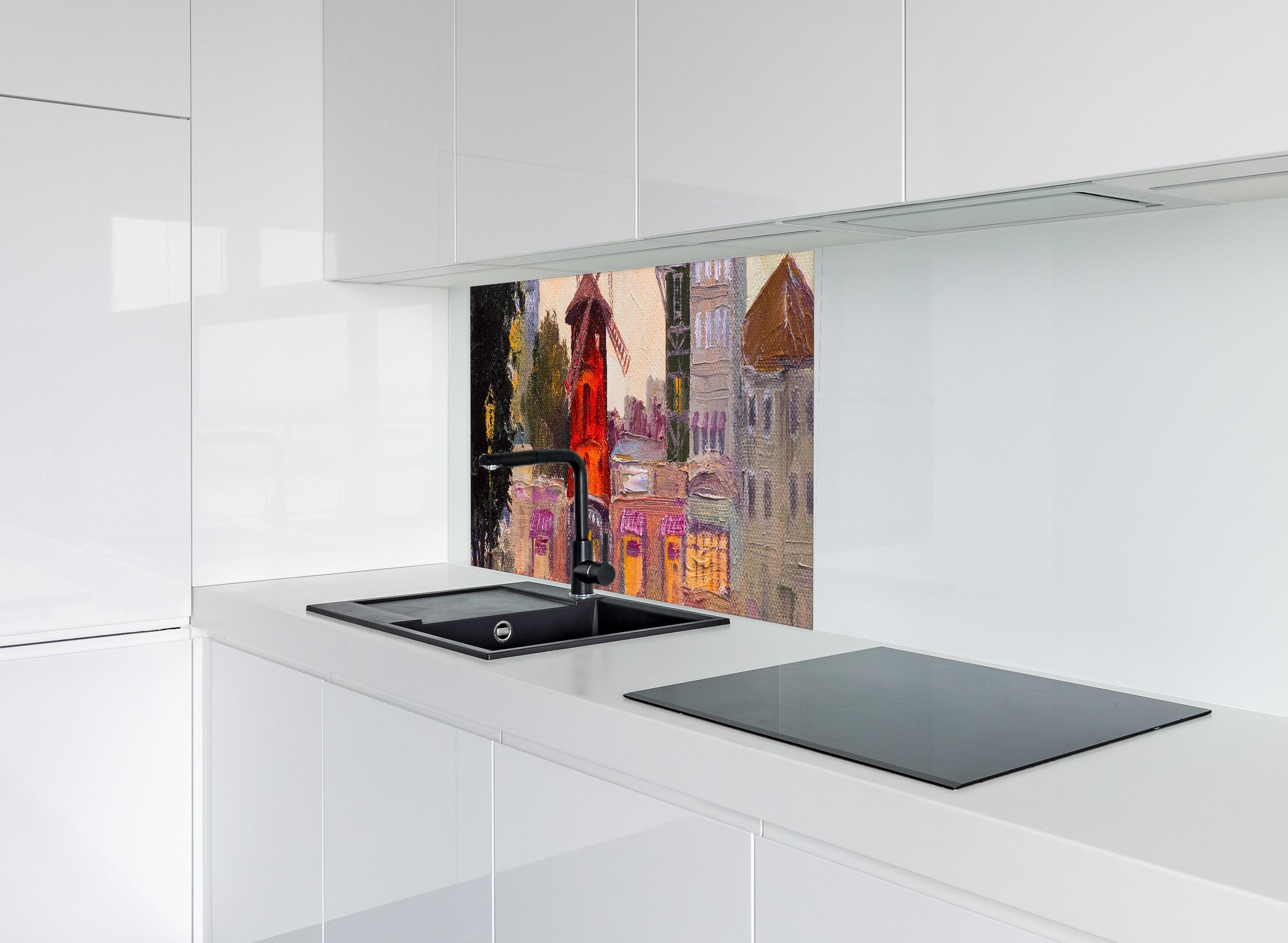 Spritzschutz - Ölgemälde Stadtbild - Moulin rouge hinter modernem schwarz-matten Spülbecken in weißer Hochglanz-Küche