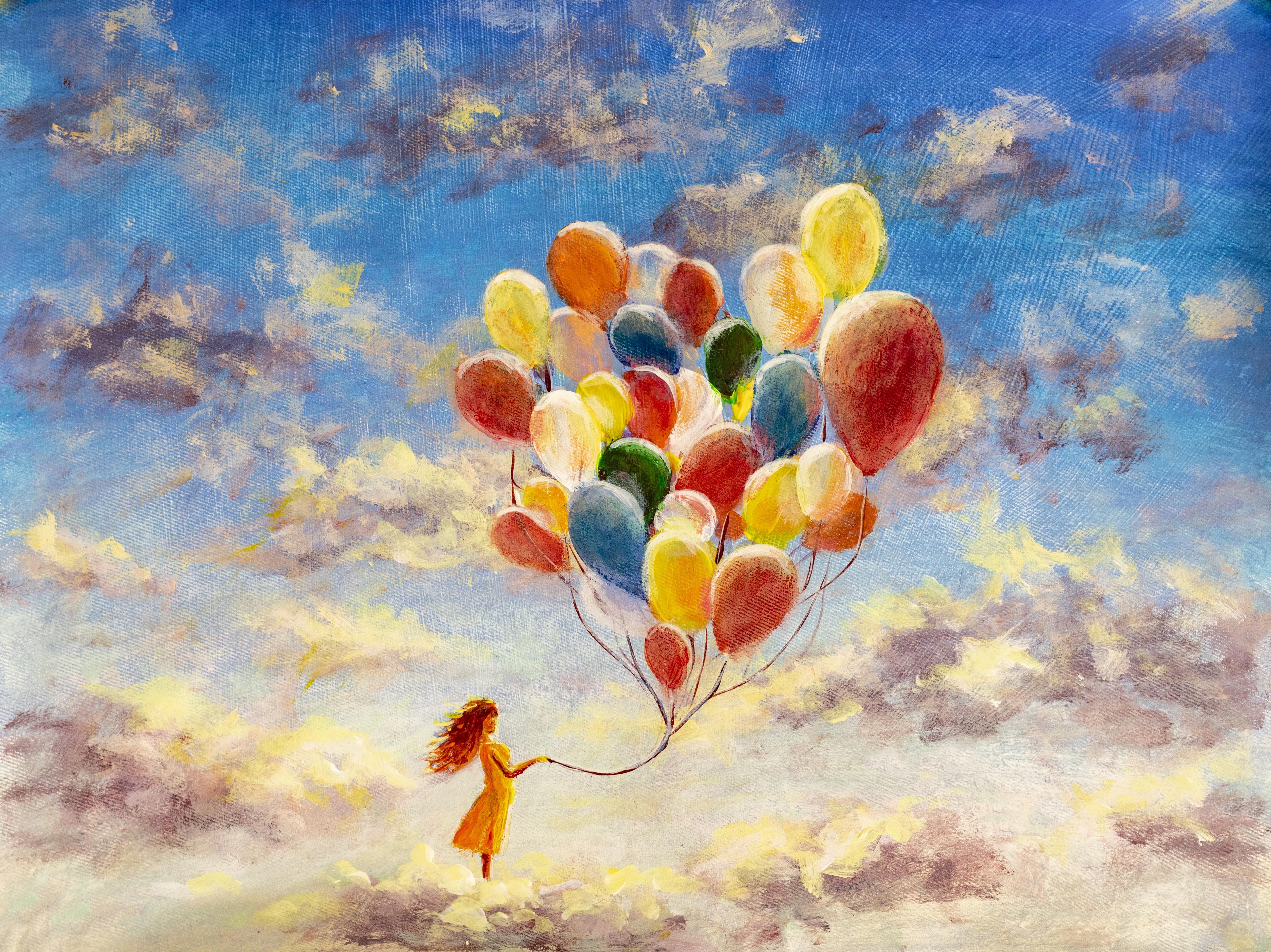 Spritzschutz-Ölgemälde einer jungen Frau mit Luftballons