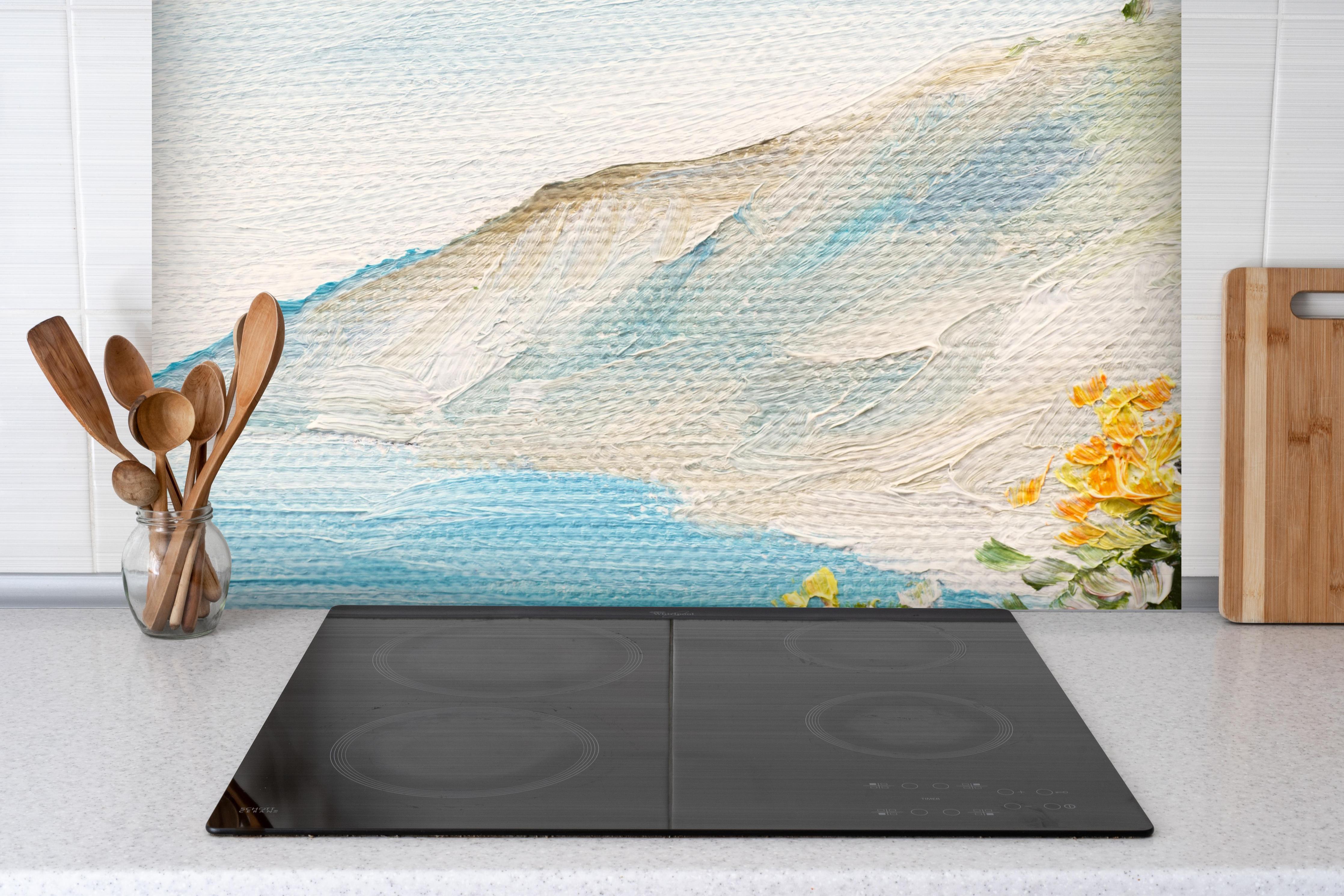 Spritzschutz - Ölgemälde eines Balkonausblick in Griechenland hinter einem Cerankochfeld zwischen Holz-Kochutensilien