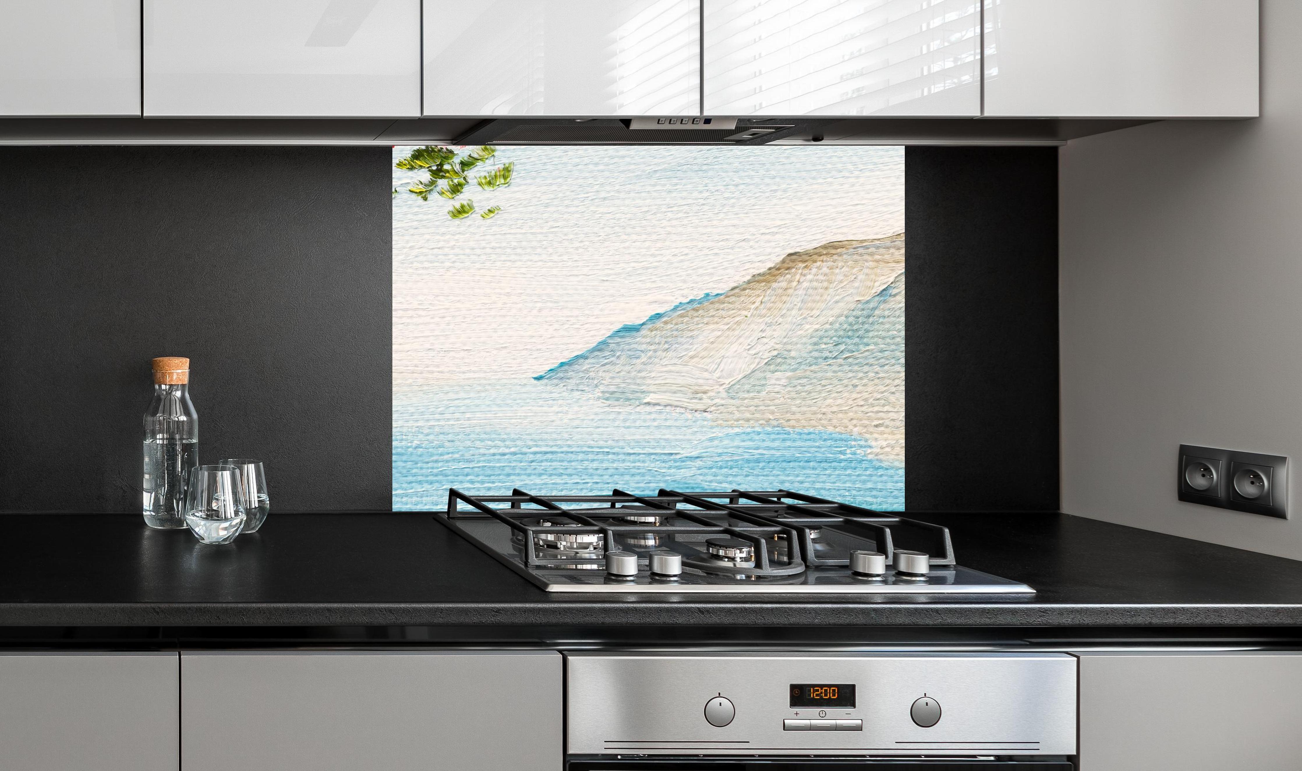 Spritzschutz - Ölgemälde eines Balkonausblick in Griechenland an edler Anthrazit-Wand hinter silbernem Gasherd