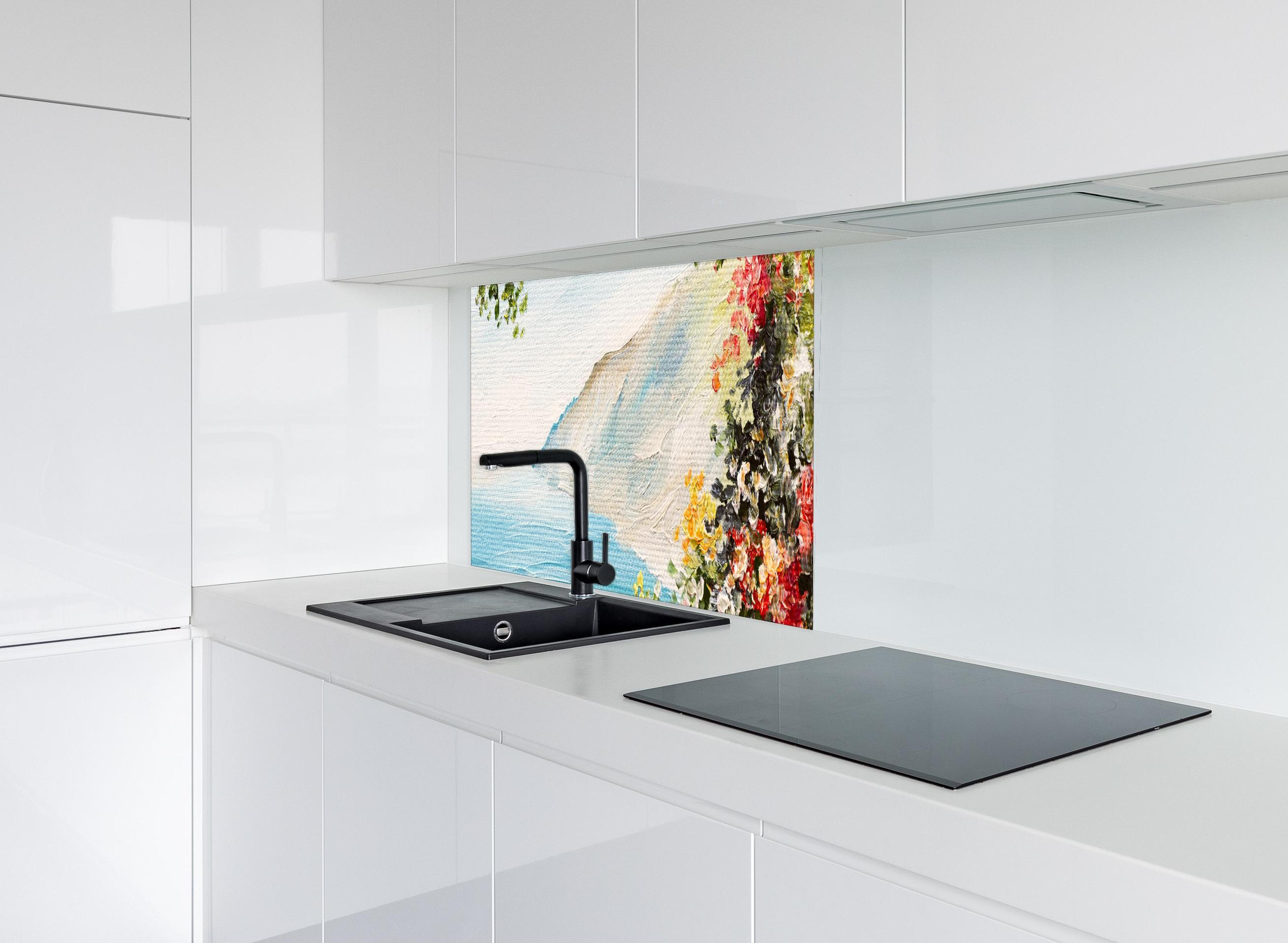 Spritzschutz - Ölgemälde eines Balkonausblick in Griechenland hinter modernem schwarz-matten Spülbecken in weißer Hochglanz-Küche