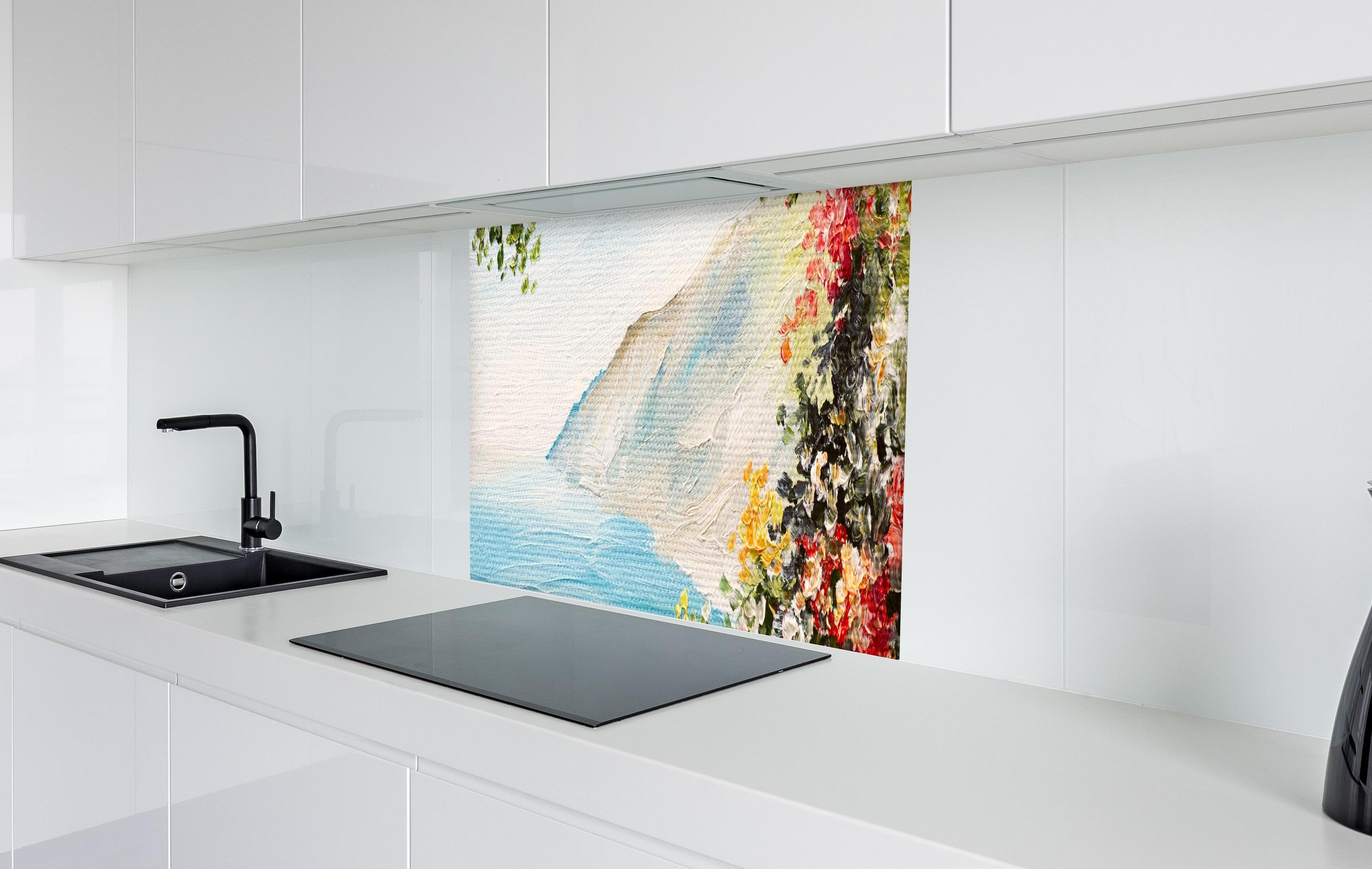 Spritzschutz - Ölgemälde eines Balkonausblick in Griechenland in weißer Hochglanz-Küche hinter einem Cerankochfeld