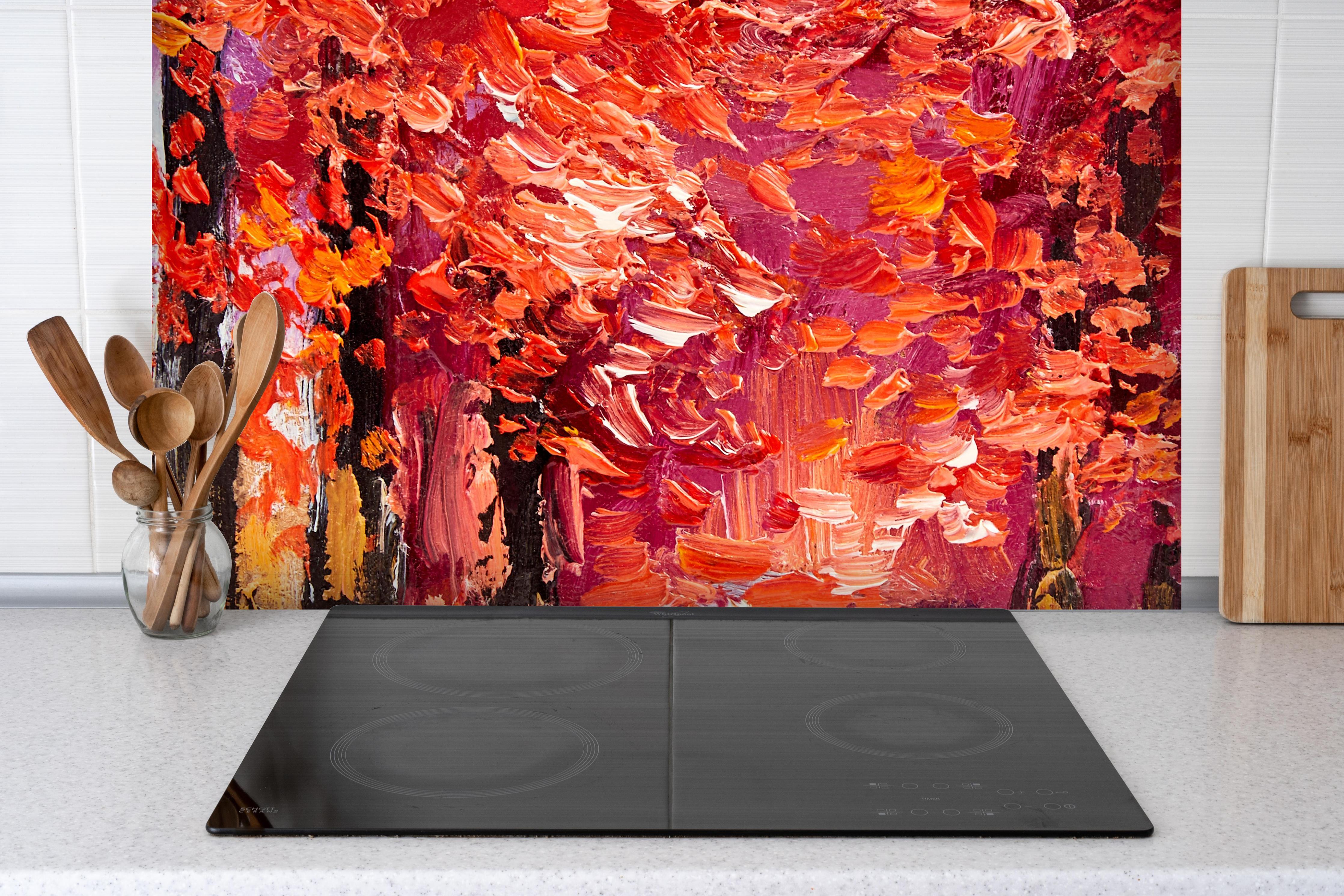 Spritzschutz - Ölgemälde eines Waldes im Herbst hinter einem Cerankochfeld zwischen Holz-Kochutensilien