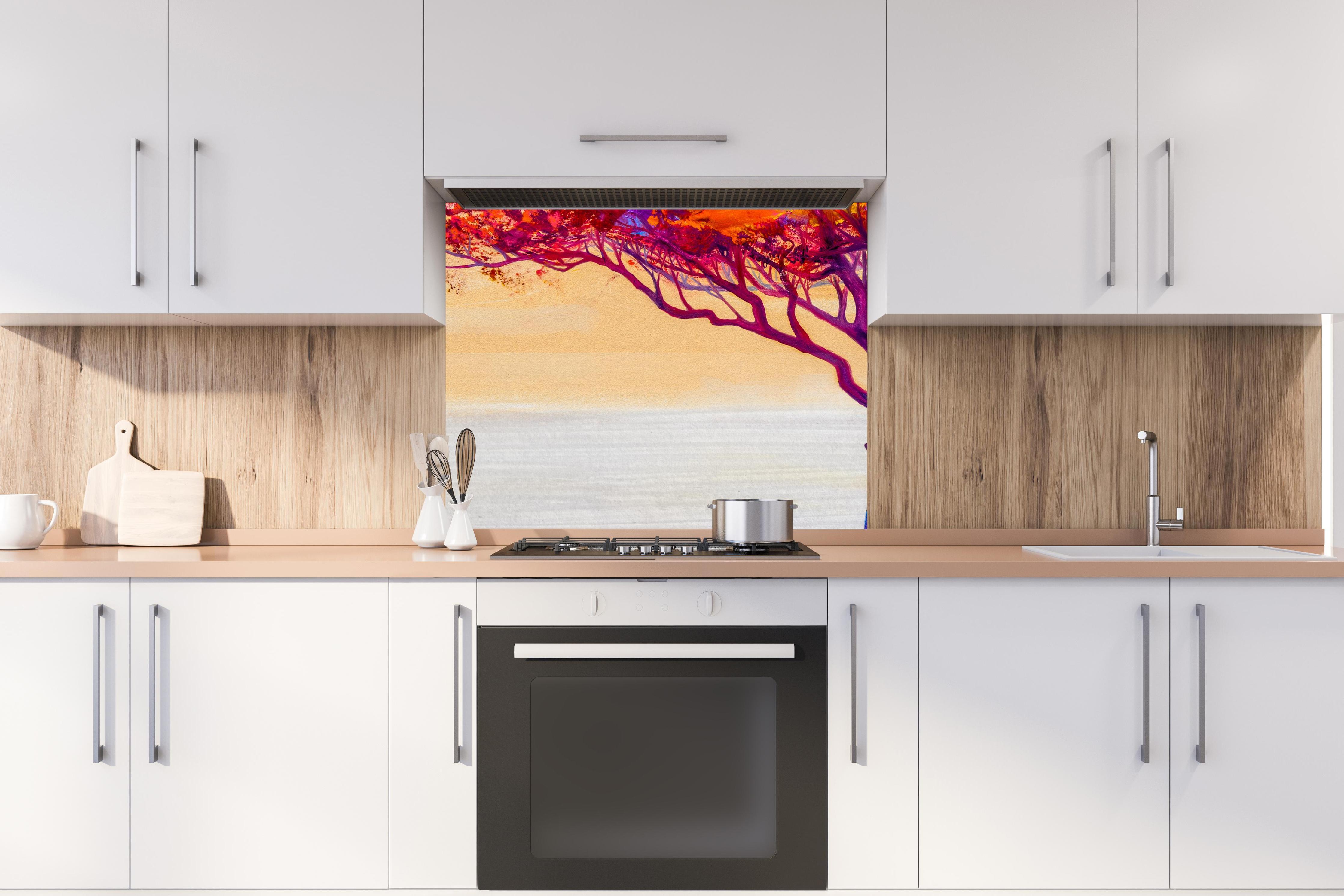 Spritzschutz - Ölgemälde eines bunten Herbstbaumes hinter stilvollem Gasherd unter Dunstabzugshaube