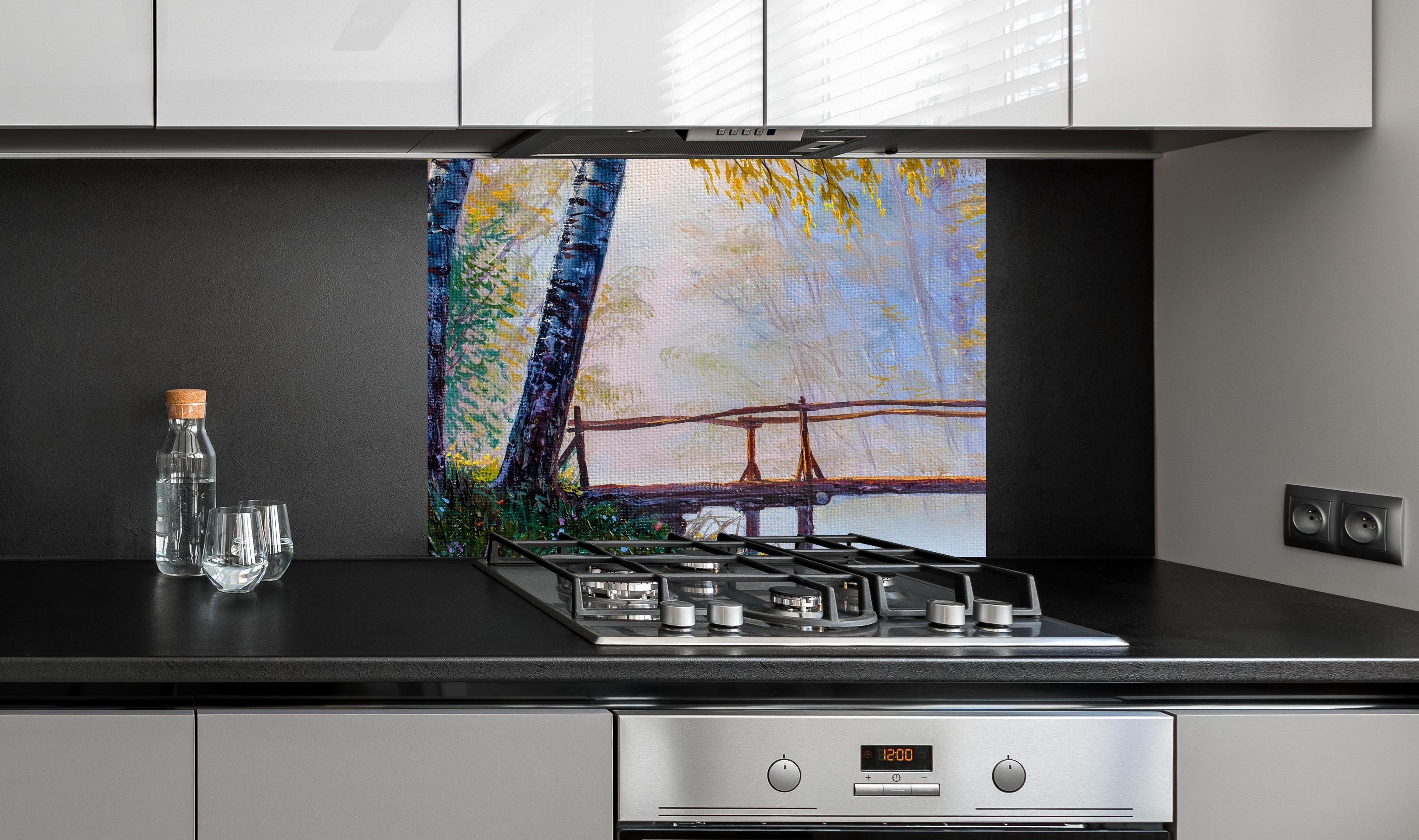 Spritzschutz - Ölgemälde idyllische Waldlandschaft an edler Anthrazit-Wand hinter silbernem Gasherd