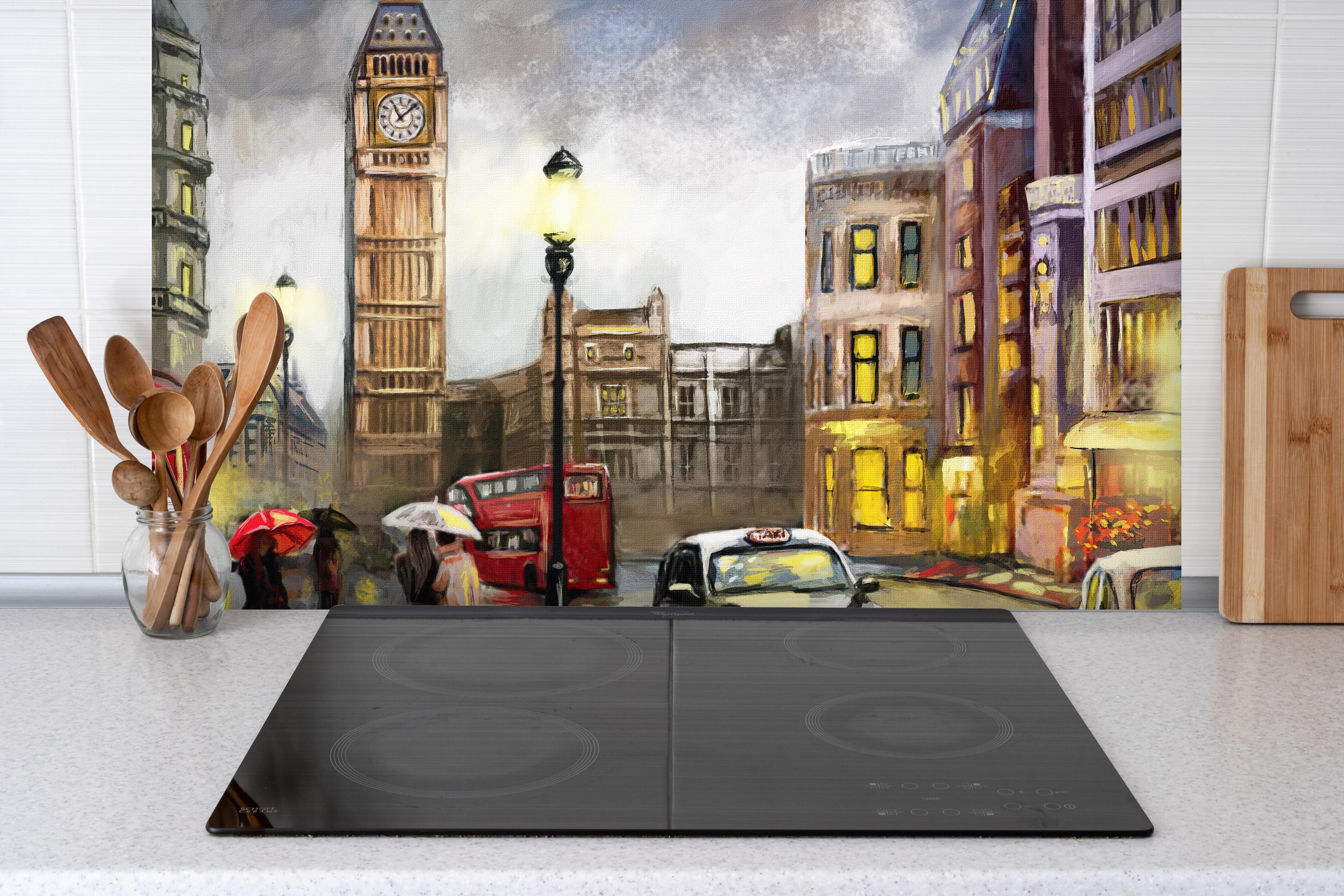 Spritzschutz - Ölgemälde von Londoner Innenstadt hinter einem Cerankochfeld zwischen Holz-Kochutensilien