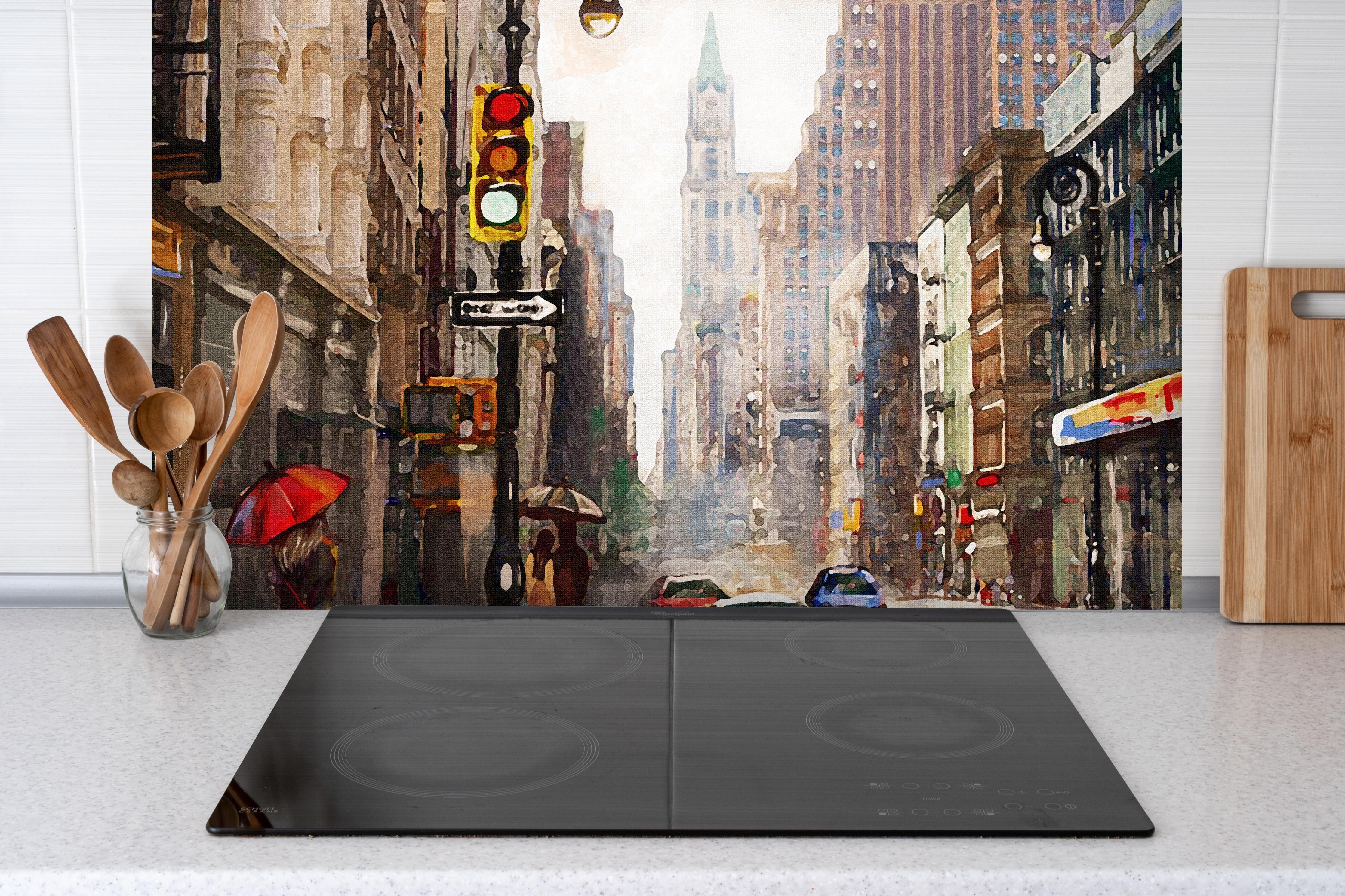 Spritzschutz - Ölgemälde von New Yorker Innenstadt hinter einem Cerankochfeld zwischen Holz-Kochutensilien