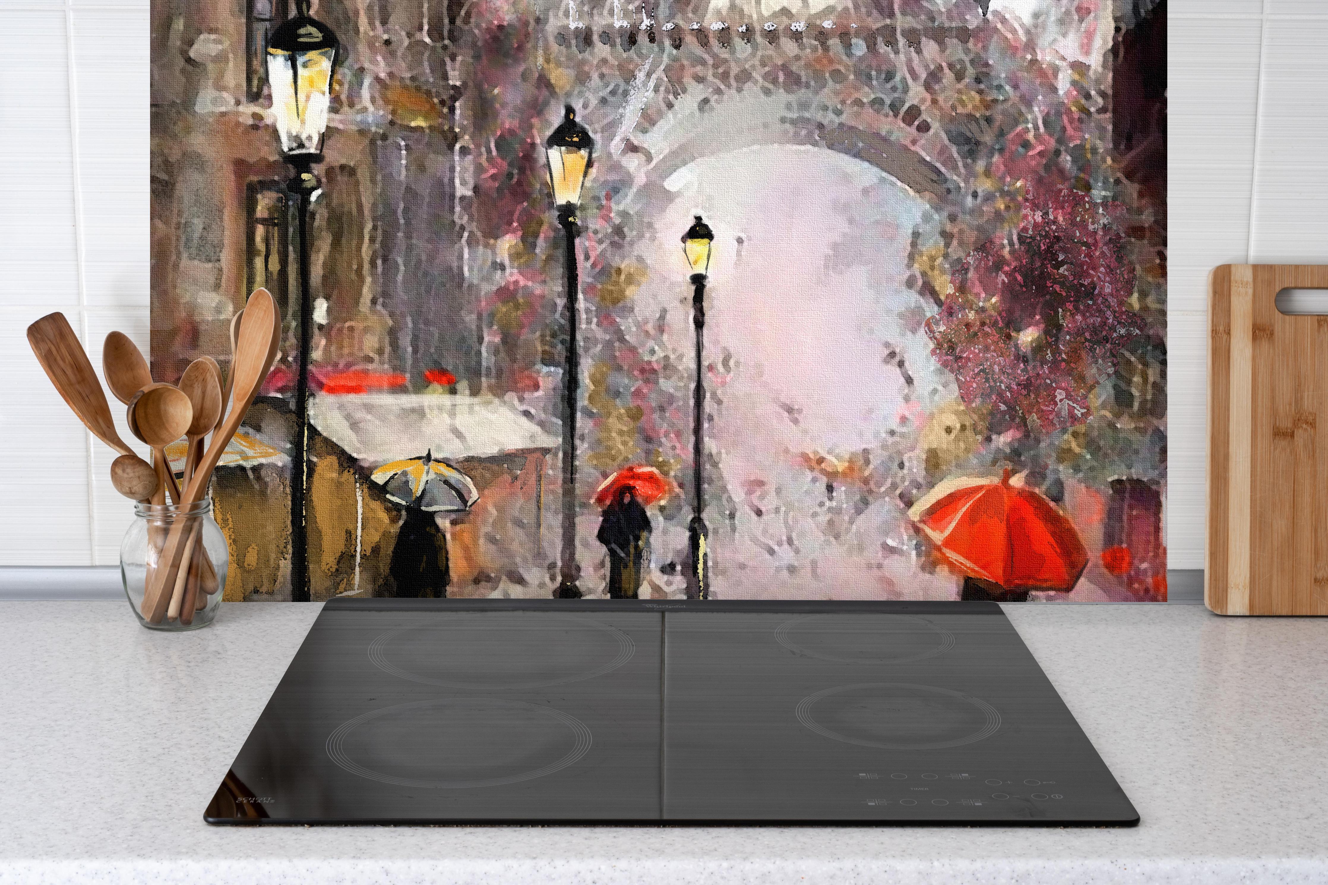 Spritzschutz - Ölgemälde von Pariser Innenstadt hinter einem Cerankochfeld zwischen Holz-Kochutensilien