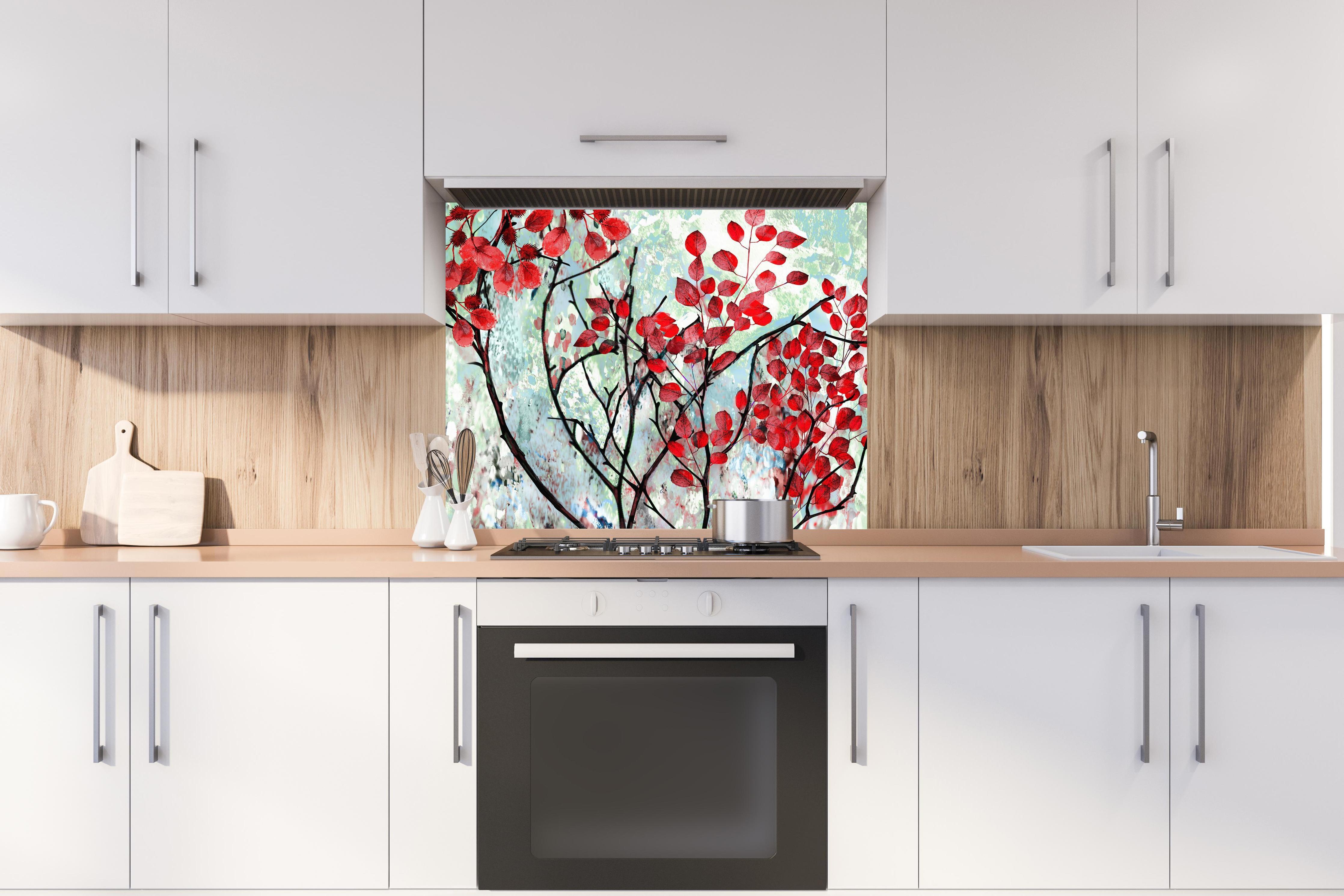 Spritzschutz - Ölmalerei von roten Blättern im Frühling hinter stilvollem Gasherd unter Dunstabzugshaube