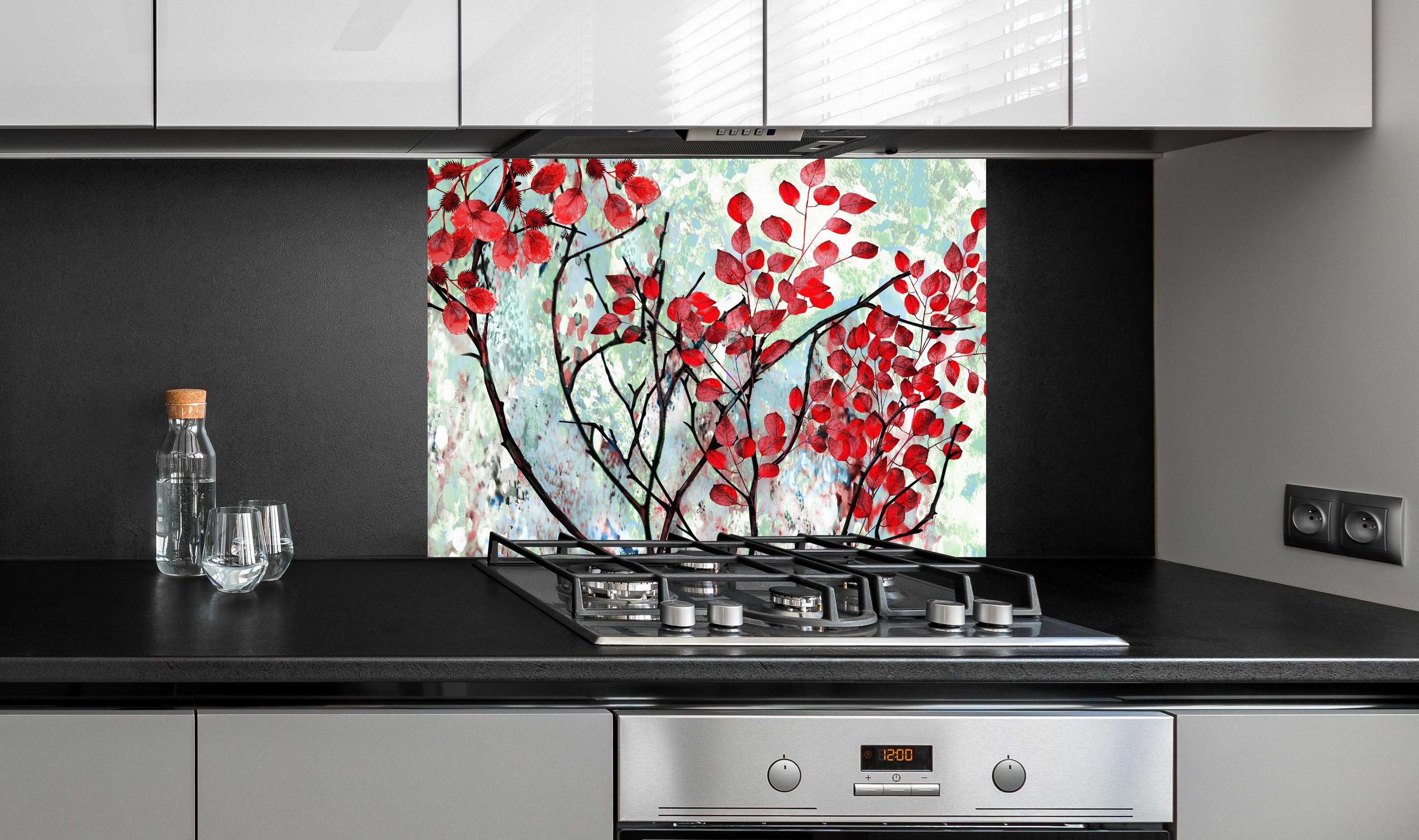 Spritzschutz - Ölmalerei von roten Blättern im Frühling an edler Anthrazit-Wand hinter silbernem Gasherd