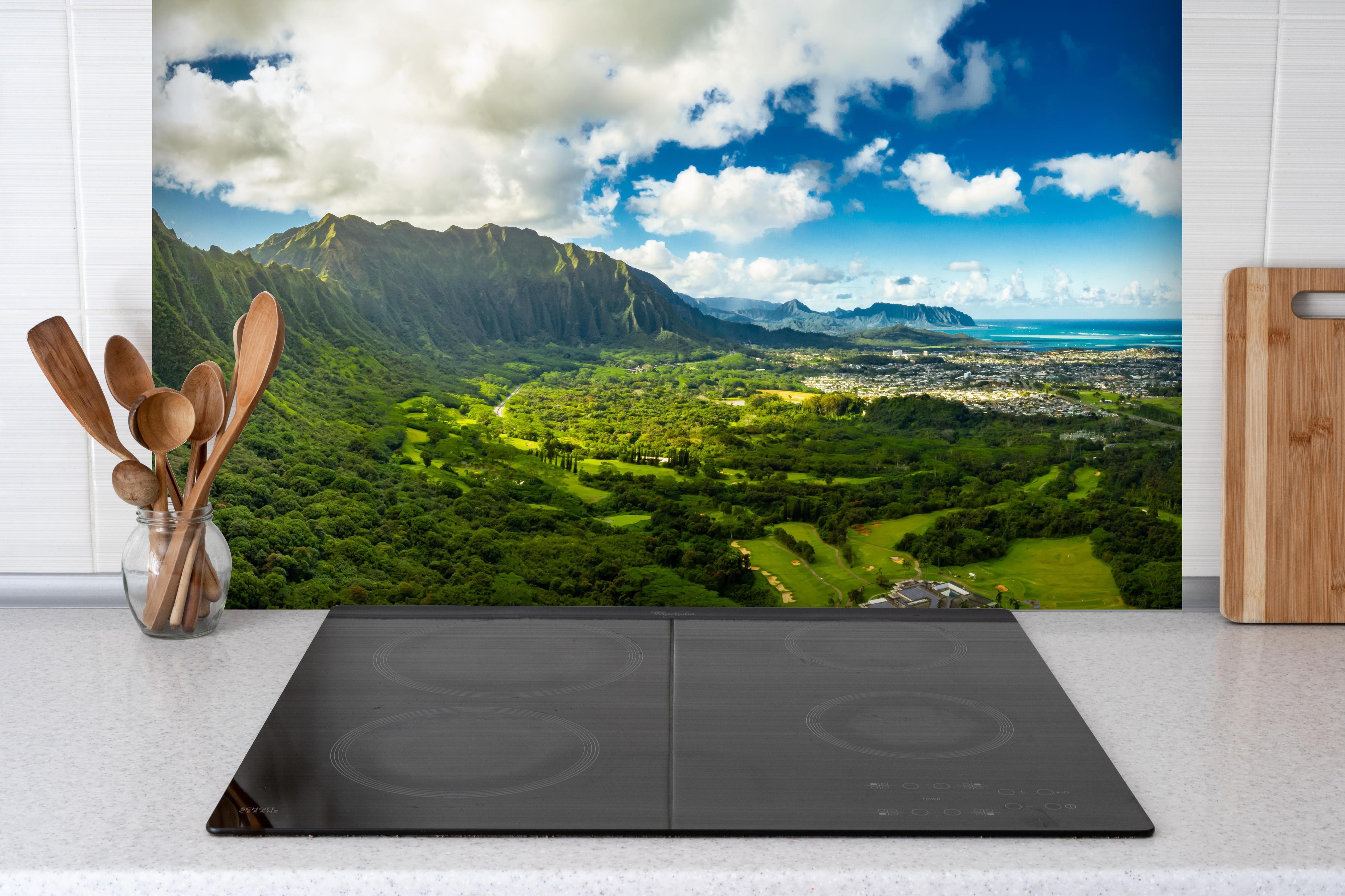Spritzschutz - Pali Lookout Klippen in Hawaii hinter einem Cerankochfeld zwischen Holz-Kochutensilien