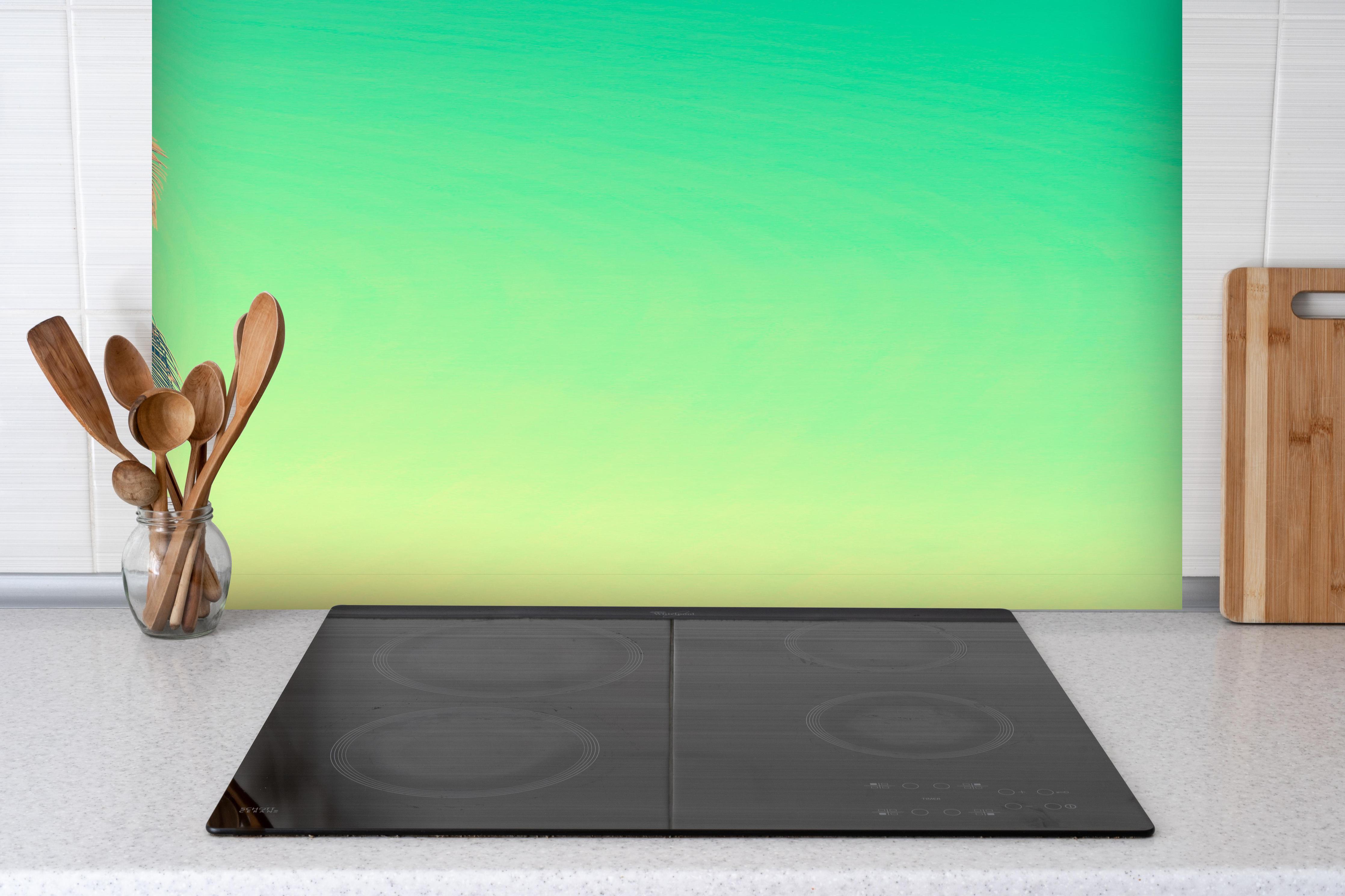 Spritzschutz - Palme im Panorama-Himmel hinter einem Cerankochfeld zwischen Holz-Kochutensilien