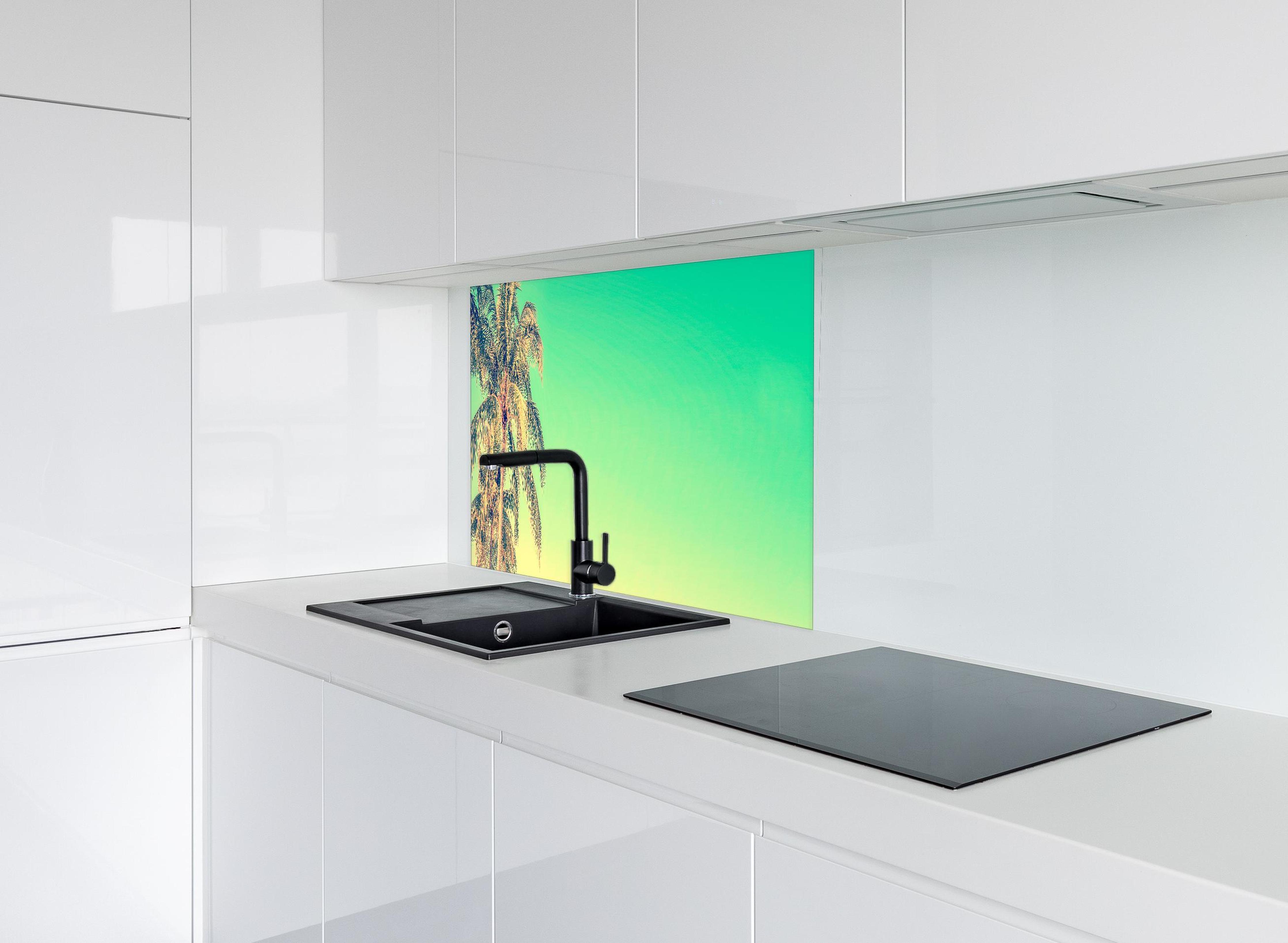 Spritzschutz - Palme im Panorama-Himmel hinter modernem schwarz-matten Spülbecken in weißer Hochglanz-Küche