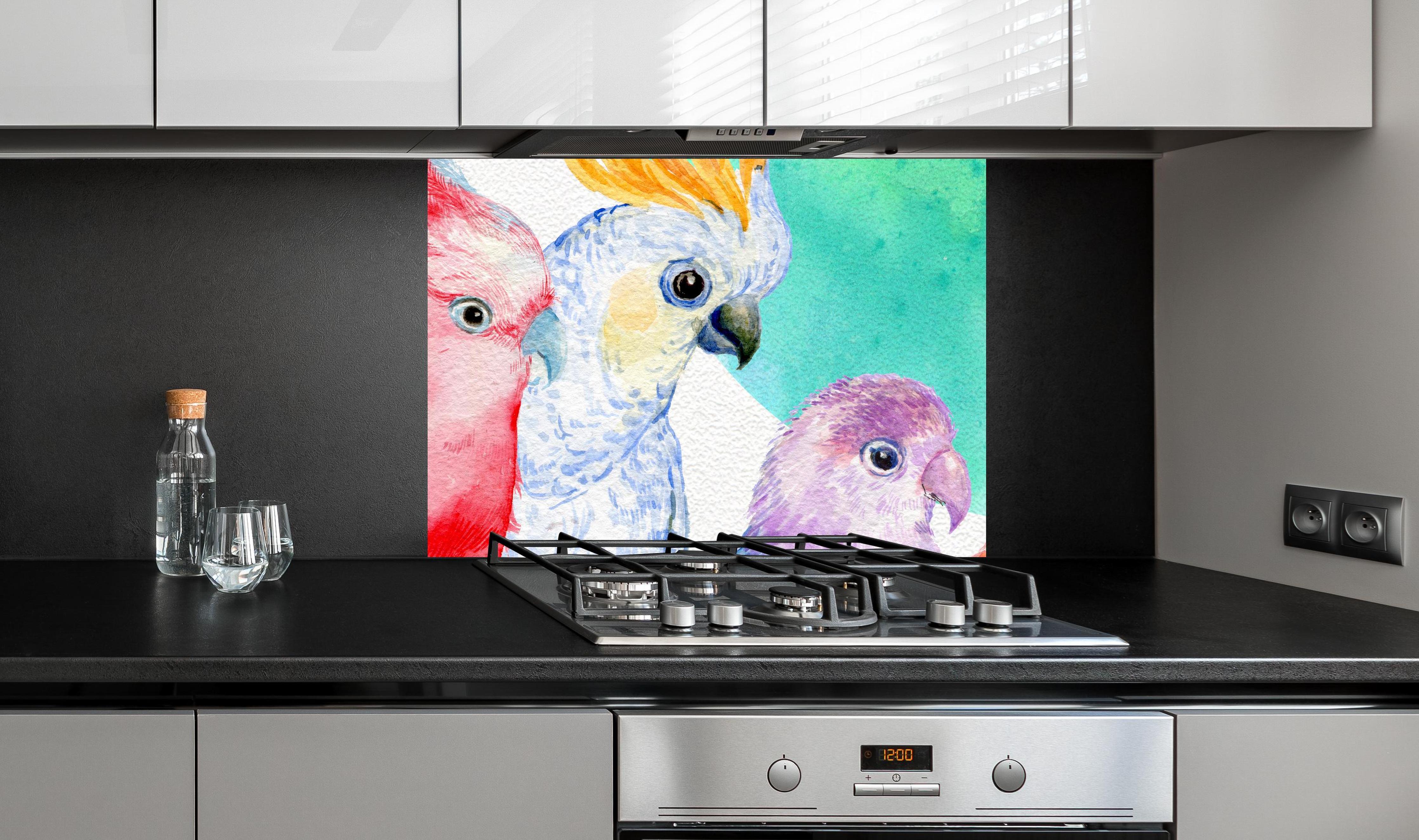 Spritzschutz - Papagei Aquarell - exotisch an edler Anthrazit-Wand hinter silbernem Gasherd