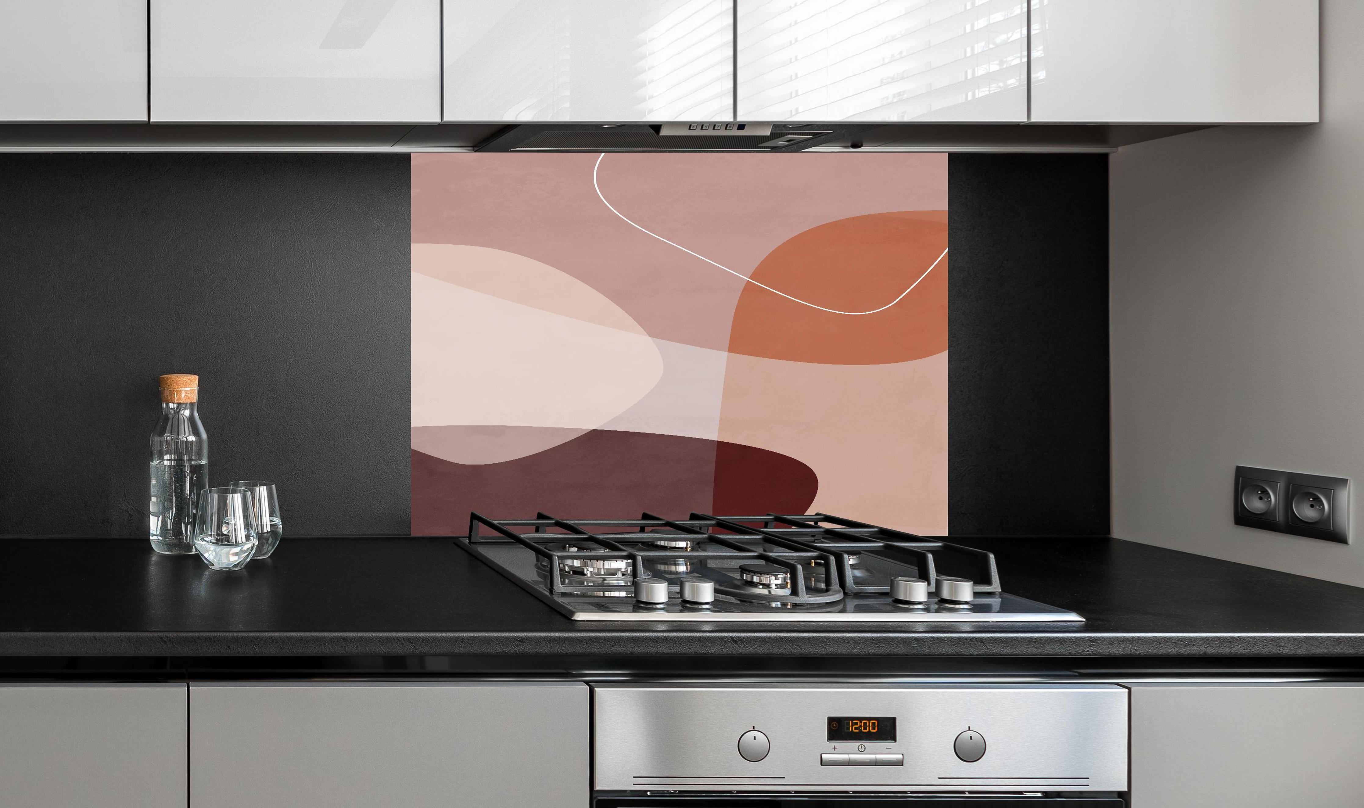 Spritzschutz - Pastellfarbene Organische Formen an edler Anthrazit-Wand hinter silbernem Gasherd