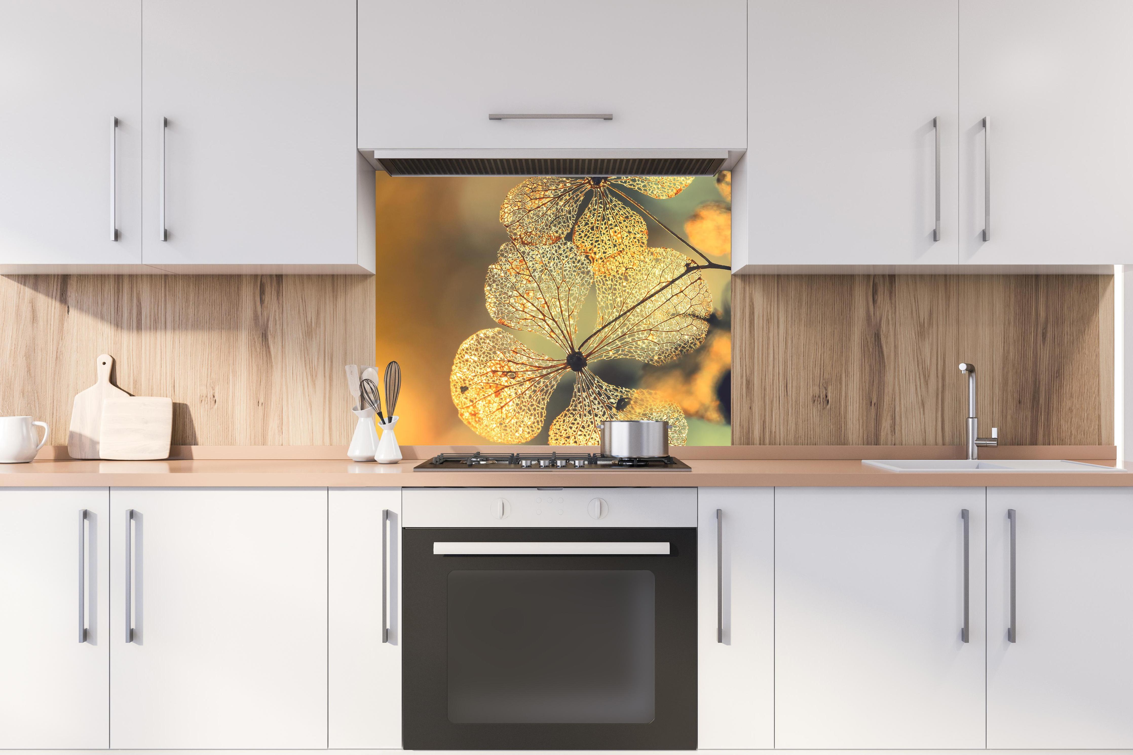 Spritzschutz - Prächtige Hortensienblüten hinter stilvollem Gasherd unter Dunstabzugshaube