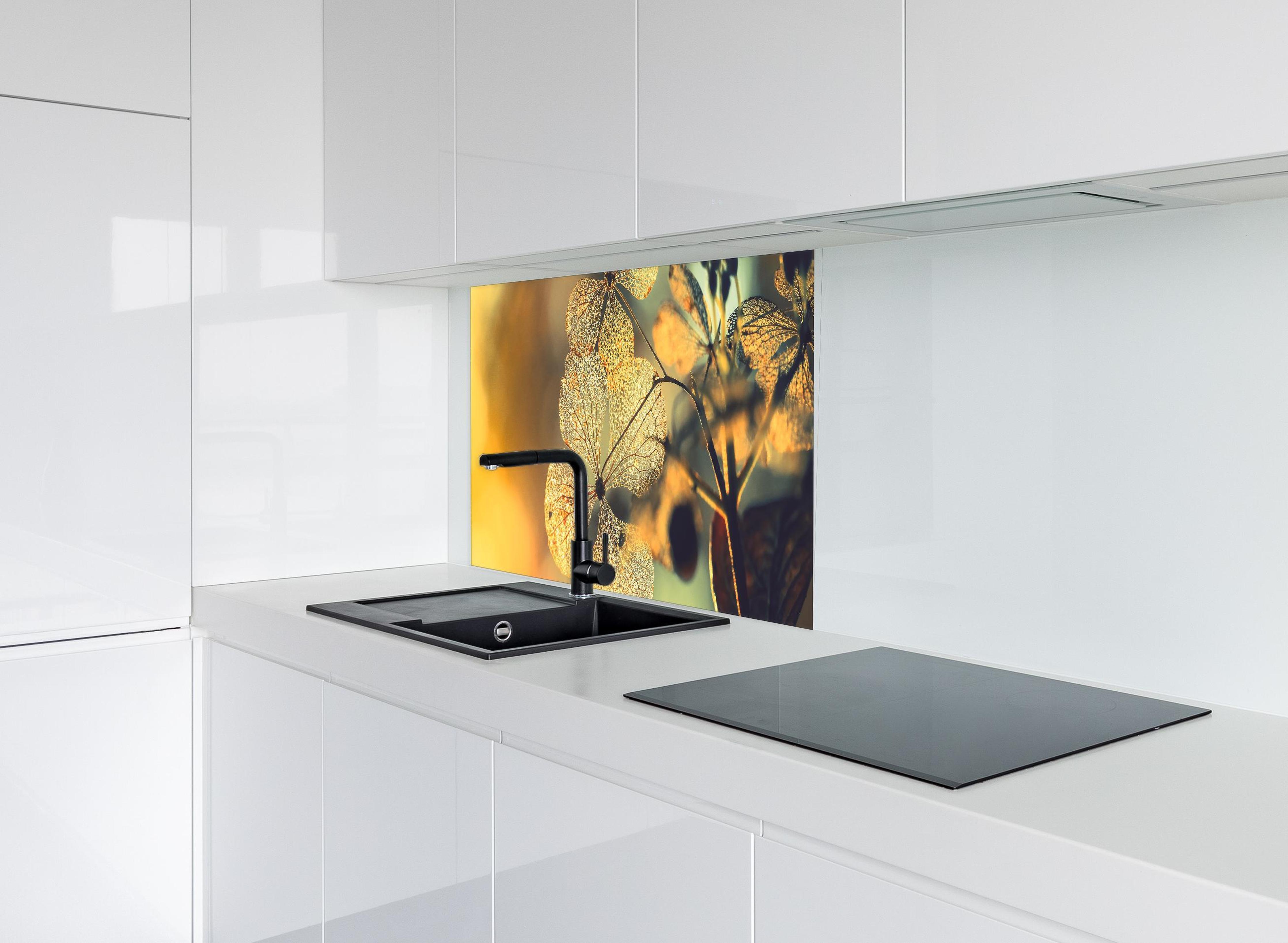 Spritzschutz - Prächtige Hortensienblüten hinter modernem schwarz-matten Spülbecken in weißer Hochglanz-Küche