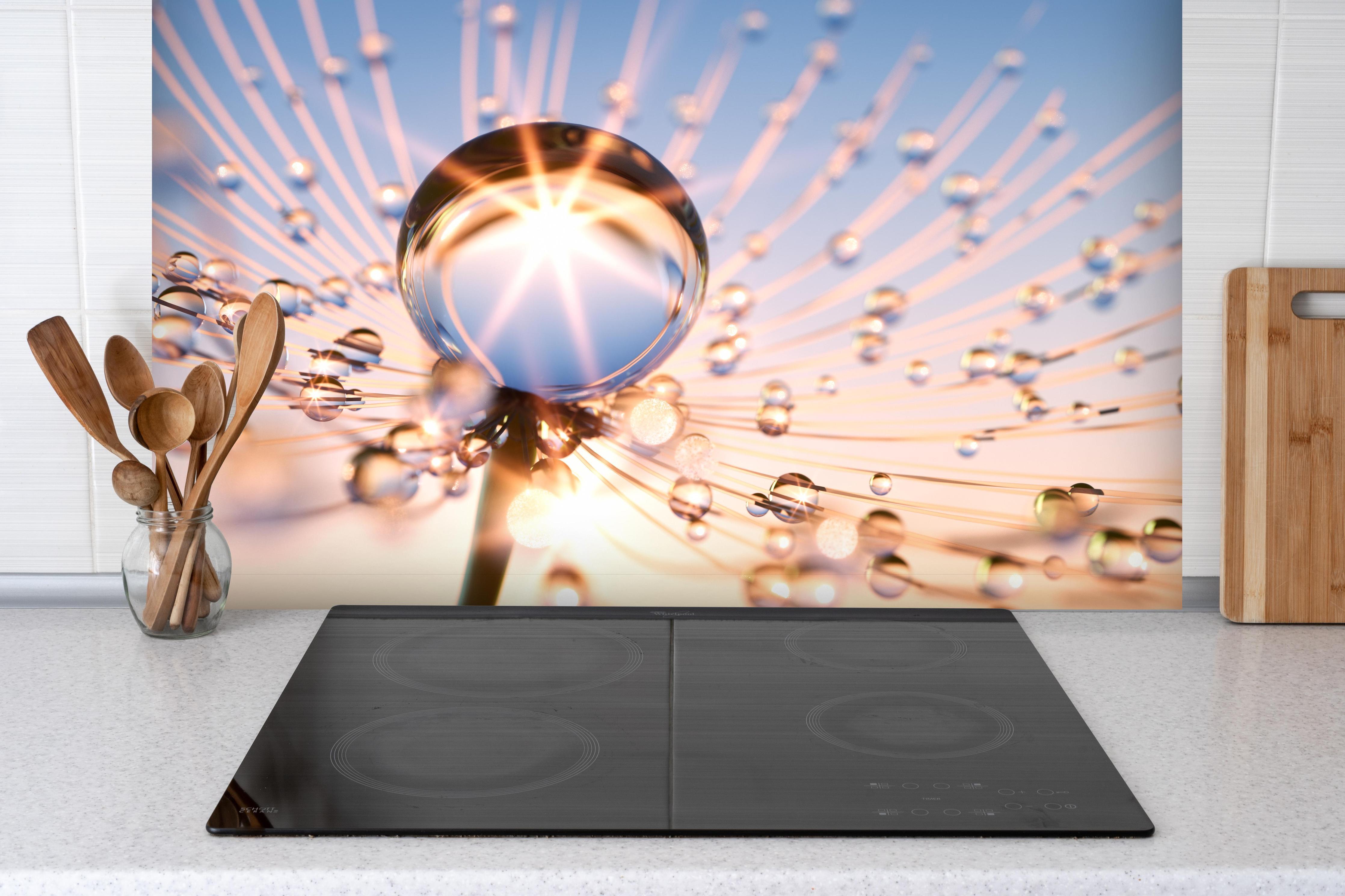 Spritzschutz - Pusteblume in Nahaufnahme mit Tautropfen hinter einem Cerankochfeld zwischen Holz-Kochutensilien