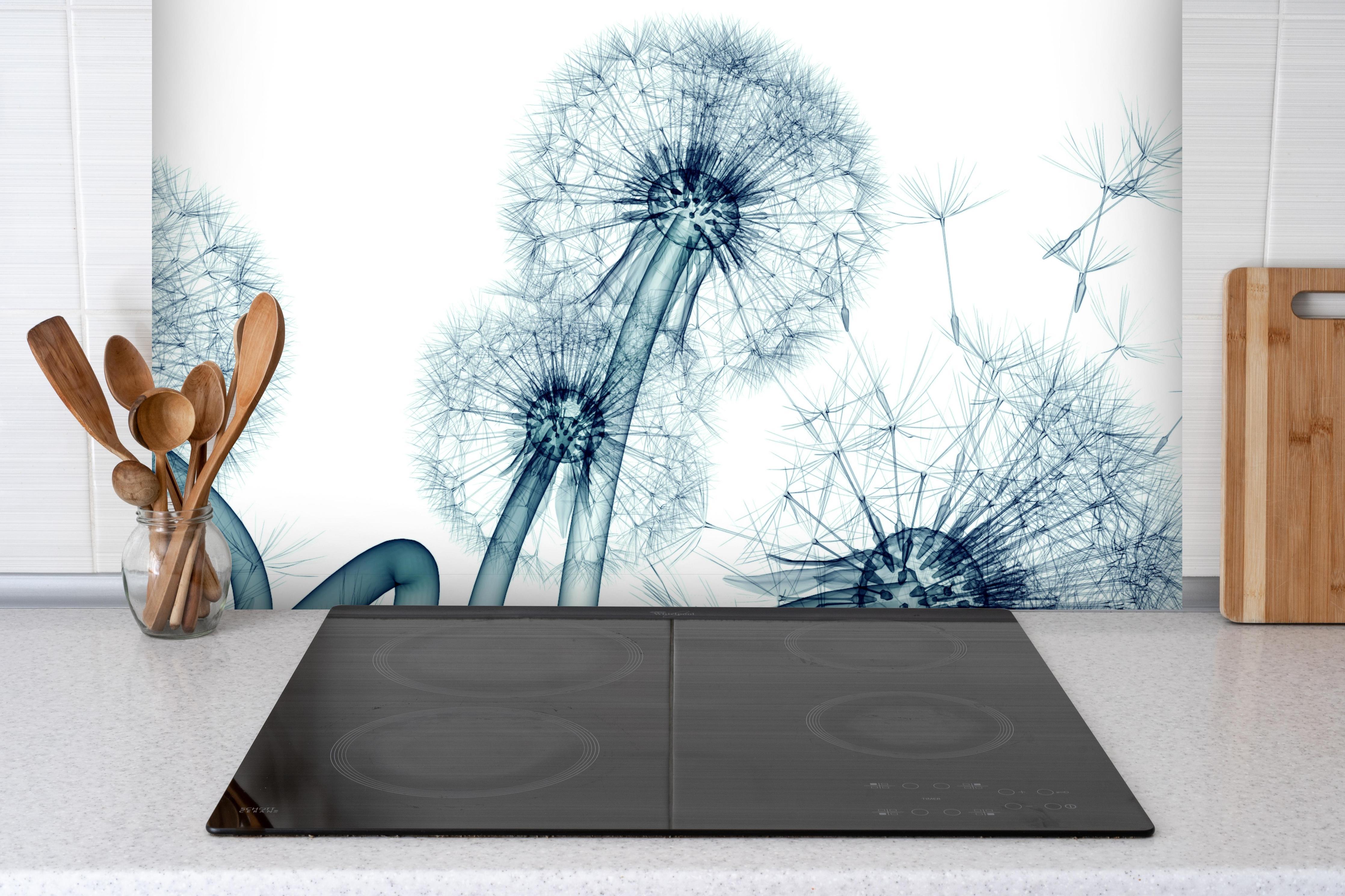 Spritzschutz - Röntgenbild eines Löwenzahns hinter einem Cerankochfeld zwischen Holz-Kochutensilien