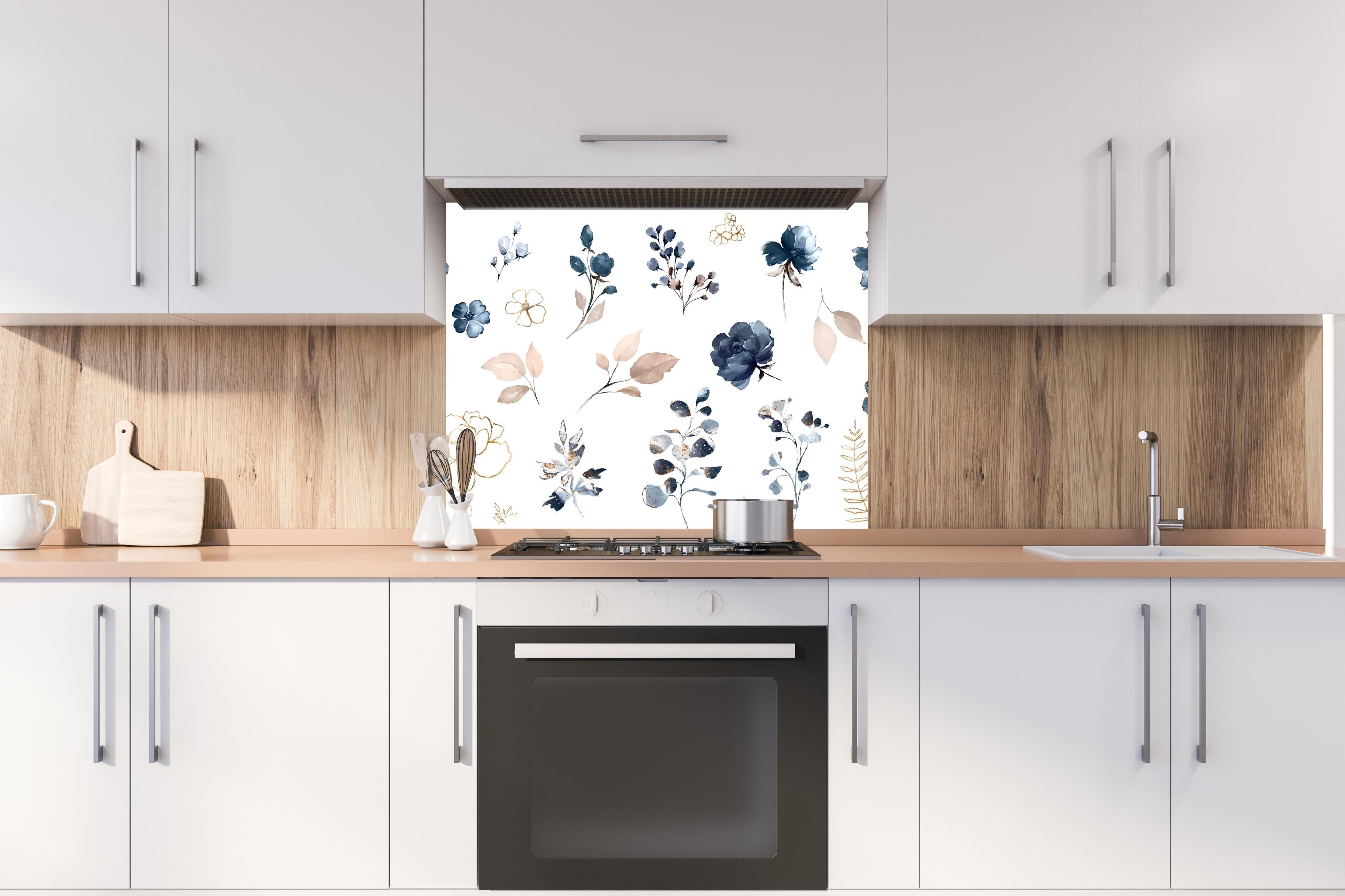 Spritzschutz - Rosen im Aquarell-Design hinter stilvollem Gasherd unter Dunstabzugshaube