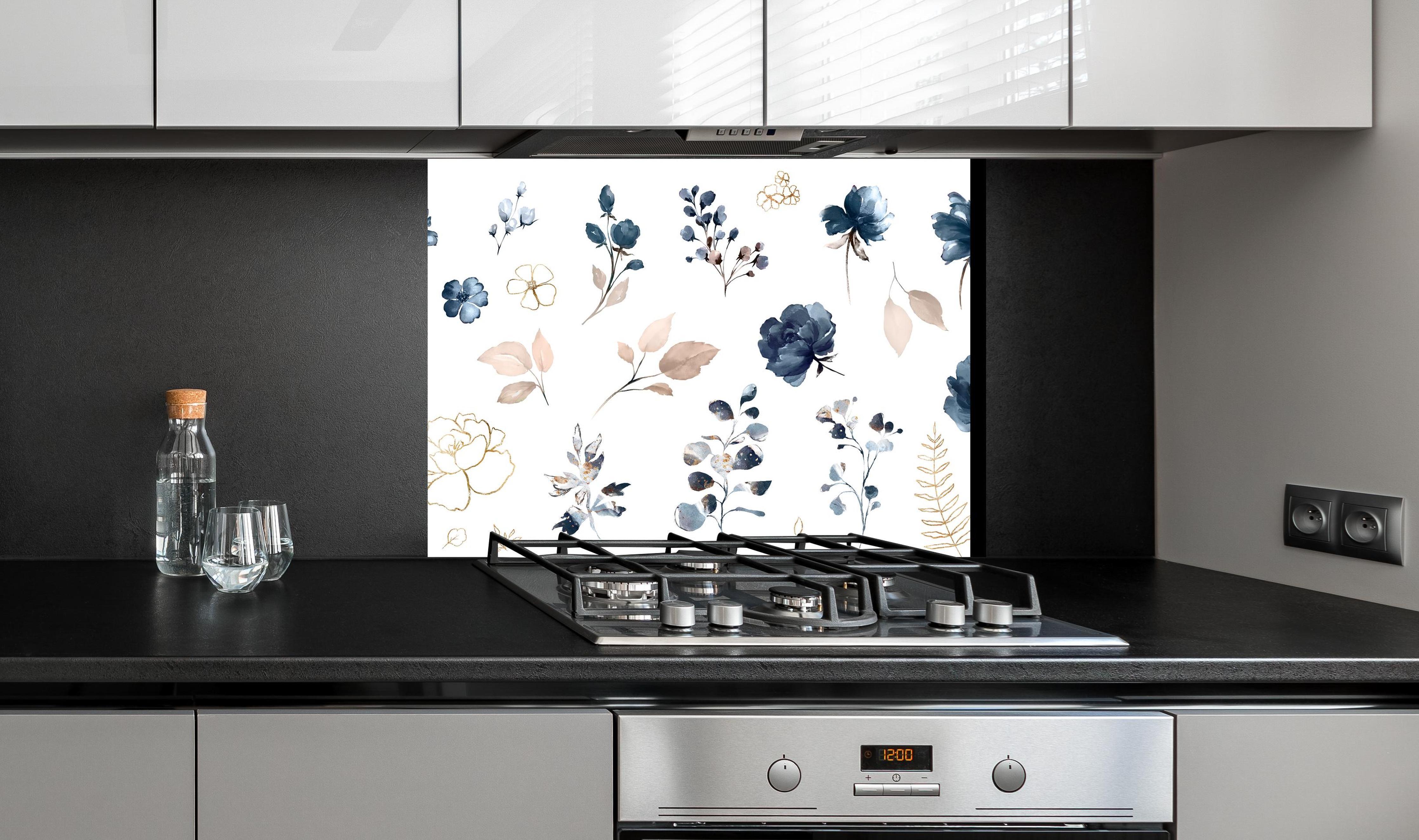 Spritzschutz - Rosen im Aquarell-Design an edler Anthrazit-Wand hinter silbernem Gasherd