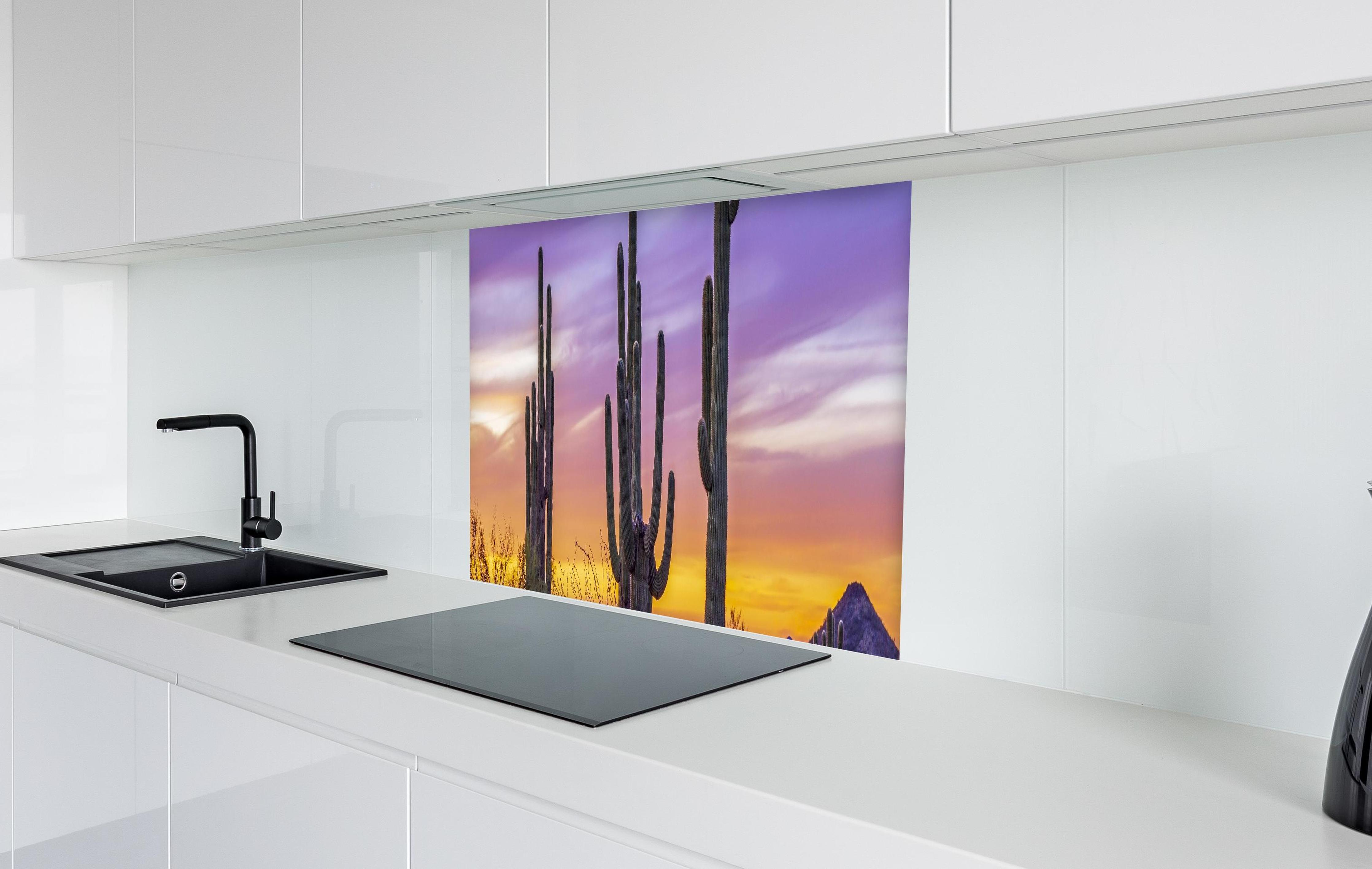 Spritzschutz - Saguaro-Kaktus bei Sonnenuntergang in Arizona in weißer Hochglanz-Küche hinter einem Cerankochfeld