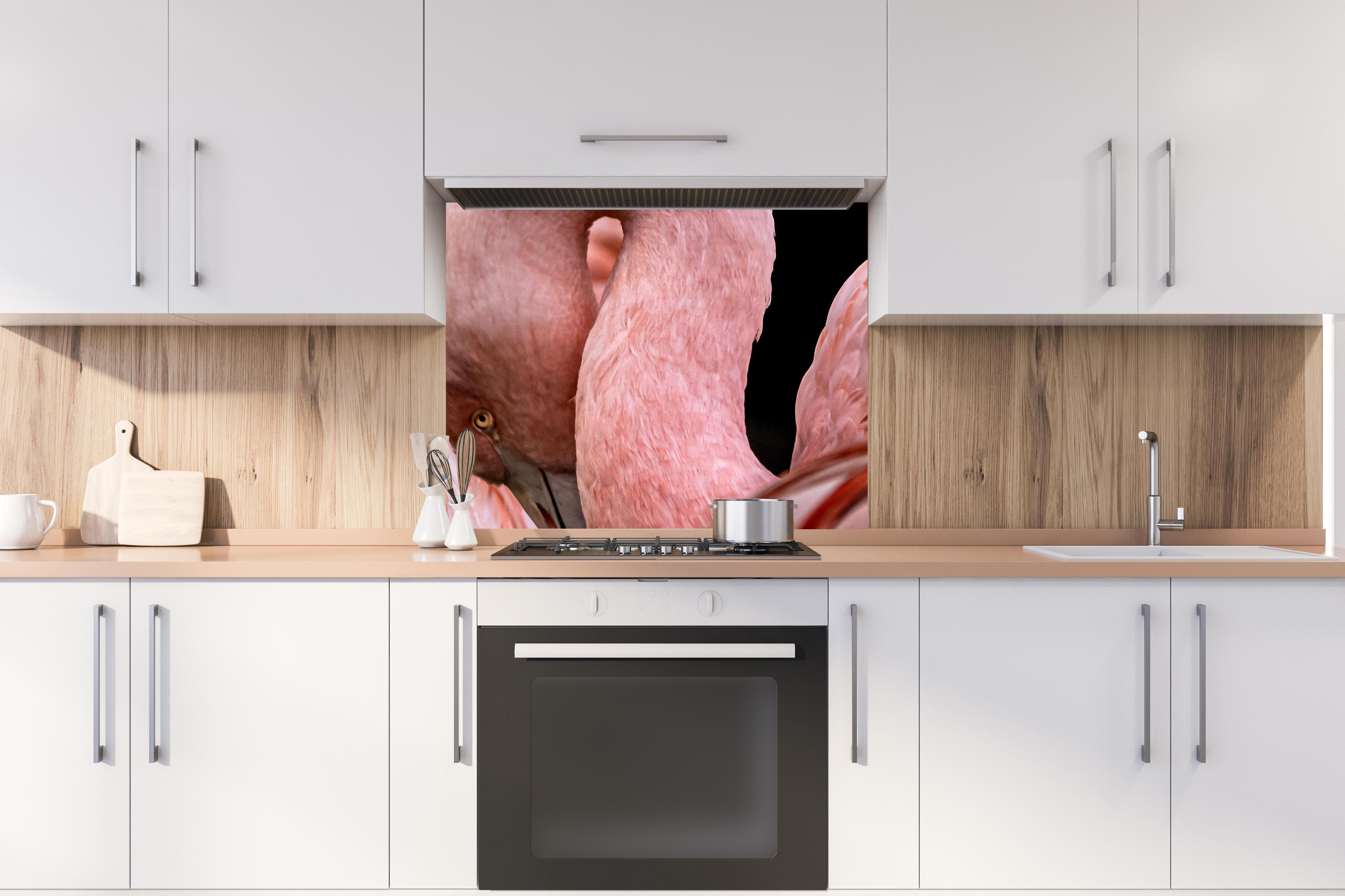 Spritzschutz - Schnappschuss eines Flamingo hinter stilvollem Gasherd unter Dunstabzugshaube
